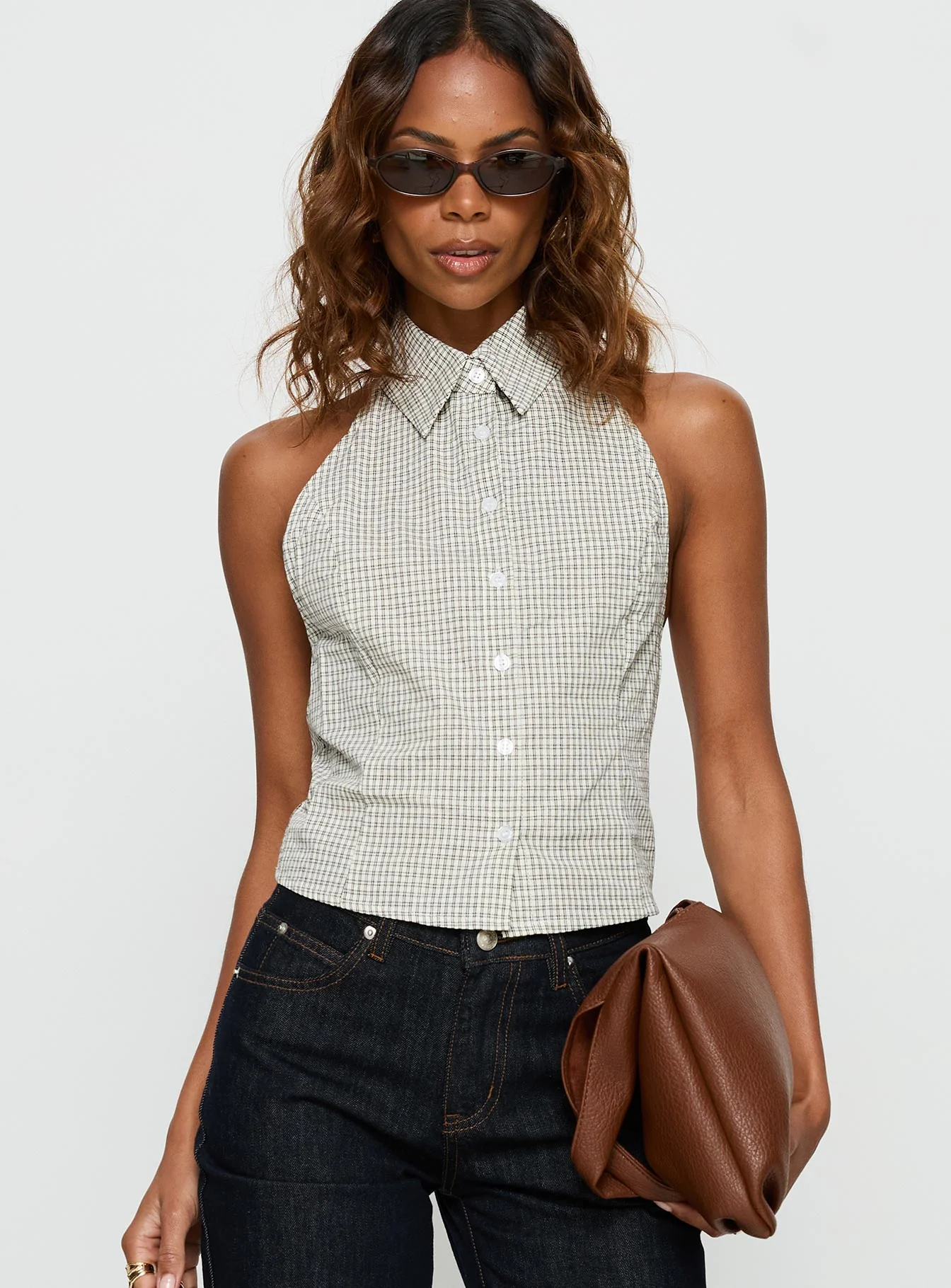 Different Dimensions Sleeveless Collared Top Check