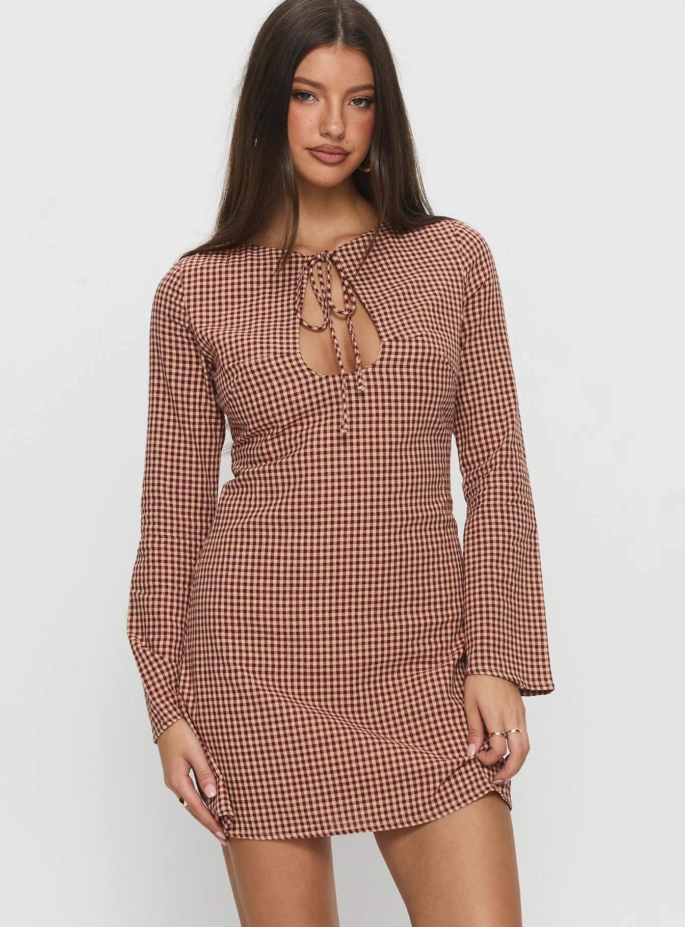 Kassidee Keyhole Long Sleeve Mini Dress Red Check