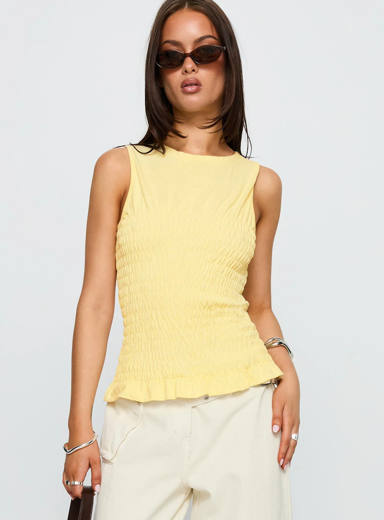 Maybe Tomorrow Ruched Sleeveless Top Lemon