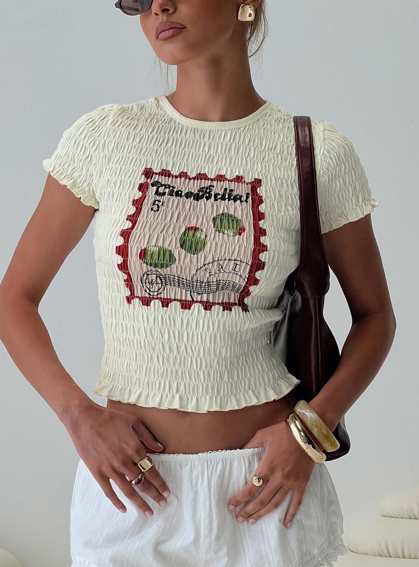 Ciao Bella Shirred Graphic Top Cream