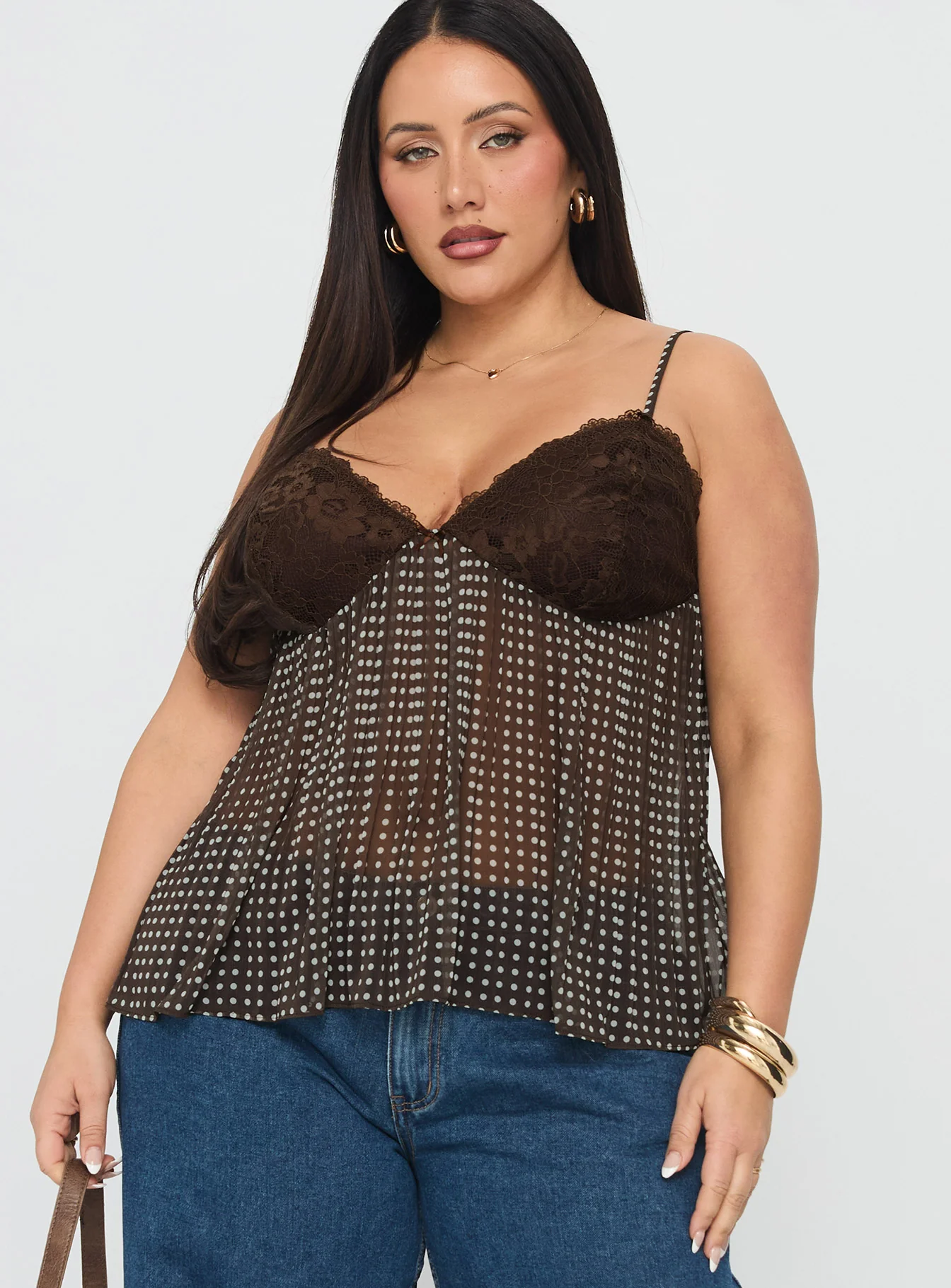 Zami Pleat Top Brown Polka Curve