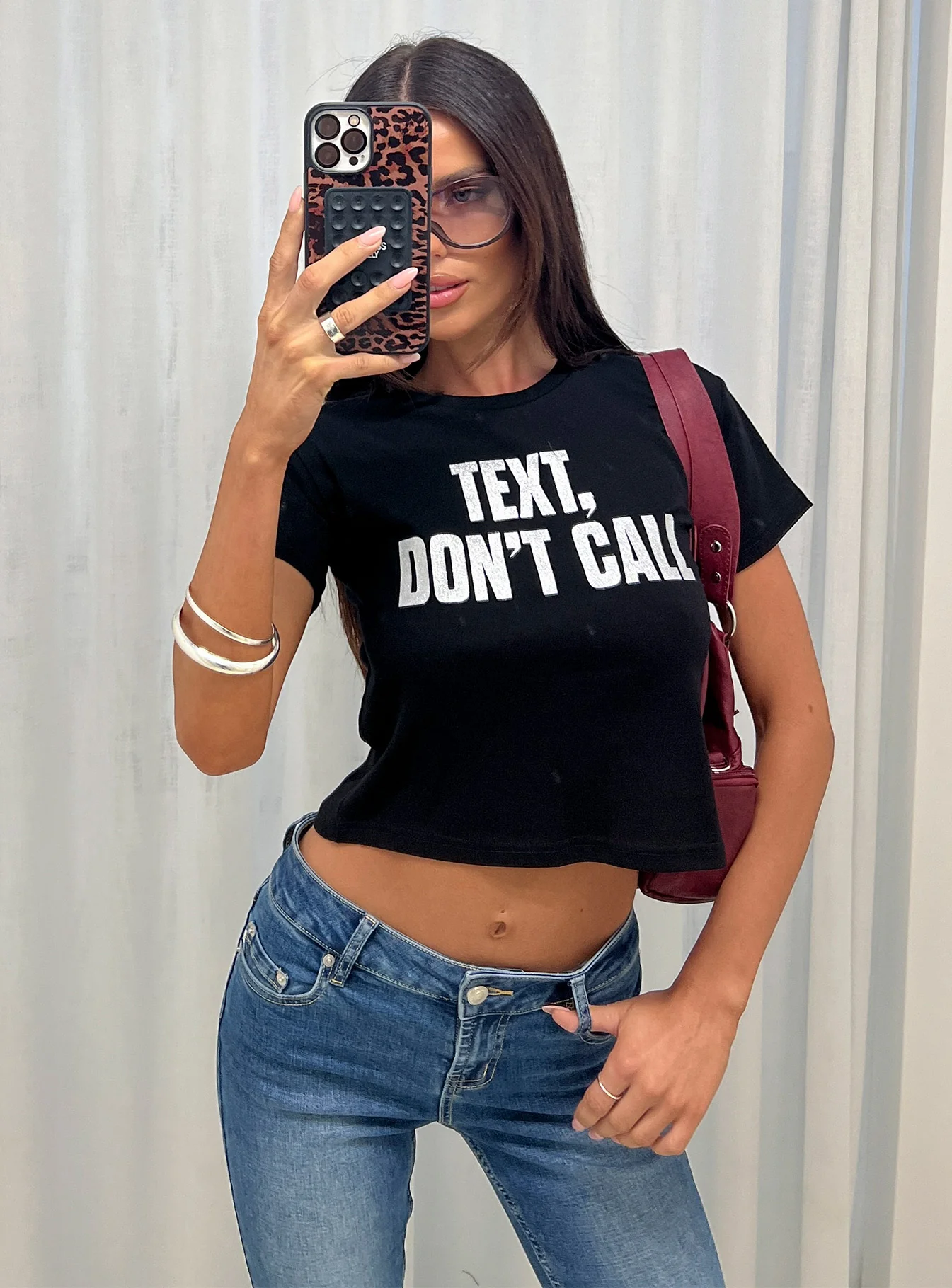 Text, Don't Call Shimmer Graphic Top Black