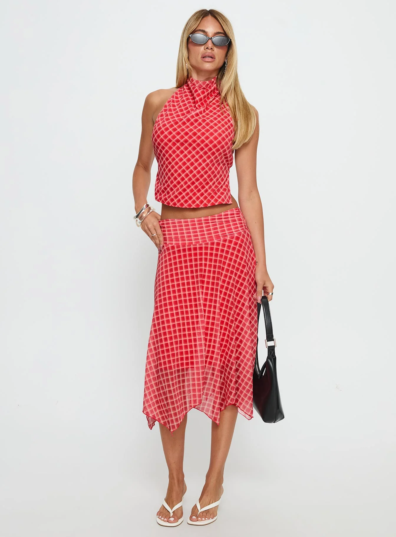 Scenic Route Asymmetrical Midi Skirt Red Check