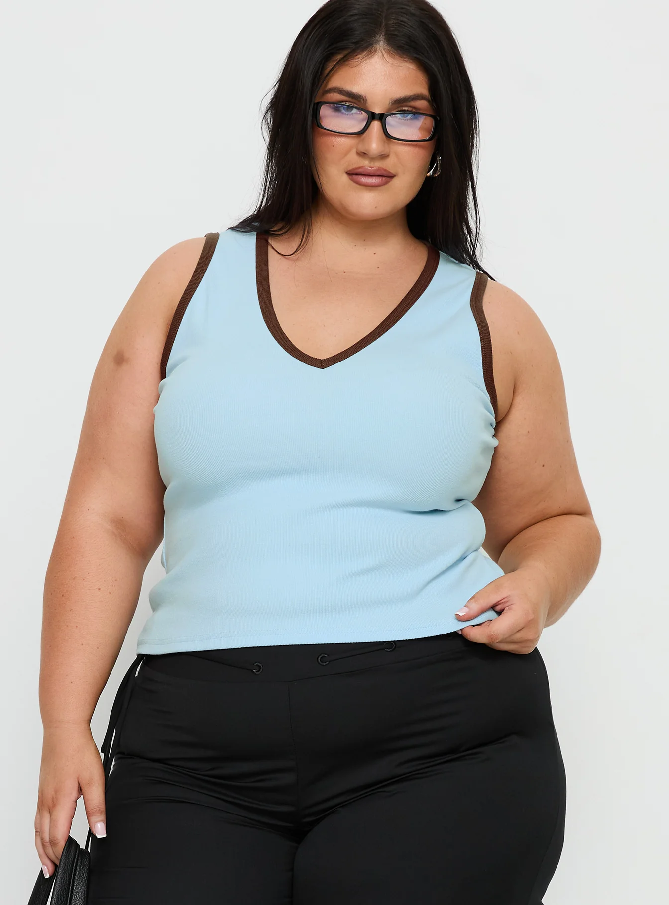 Baseline V Neck Rib Tank Top Blue / Brown Curve