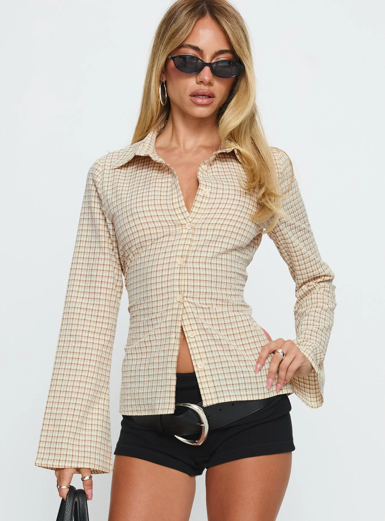 Eryx Tie Back Button Up Top Apricot Check