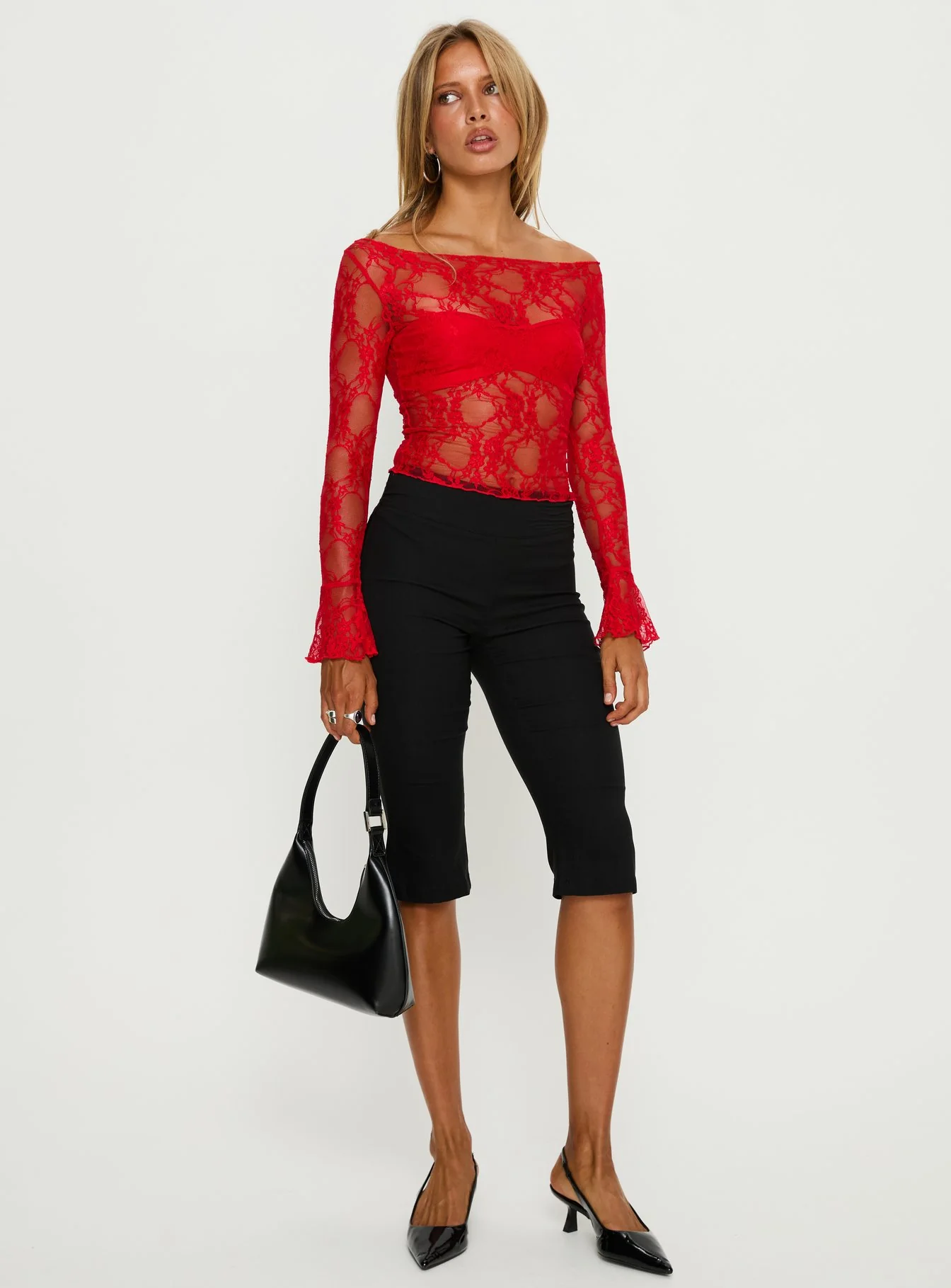 Junah Sheer Lace Long Sleeve Top Red
