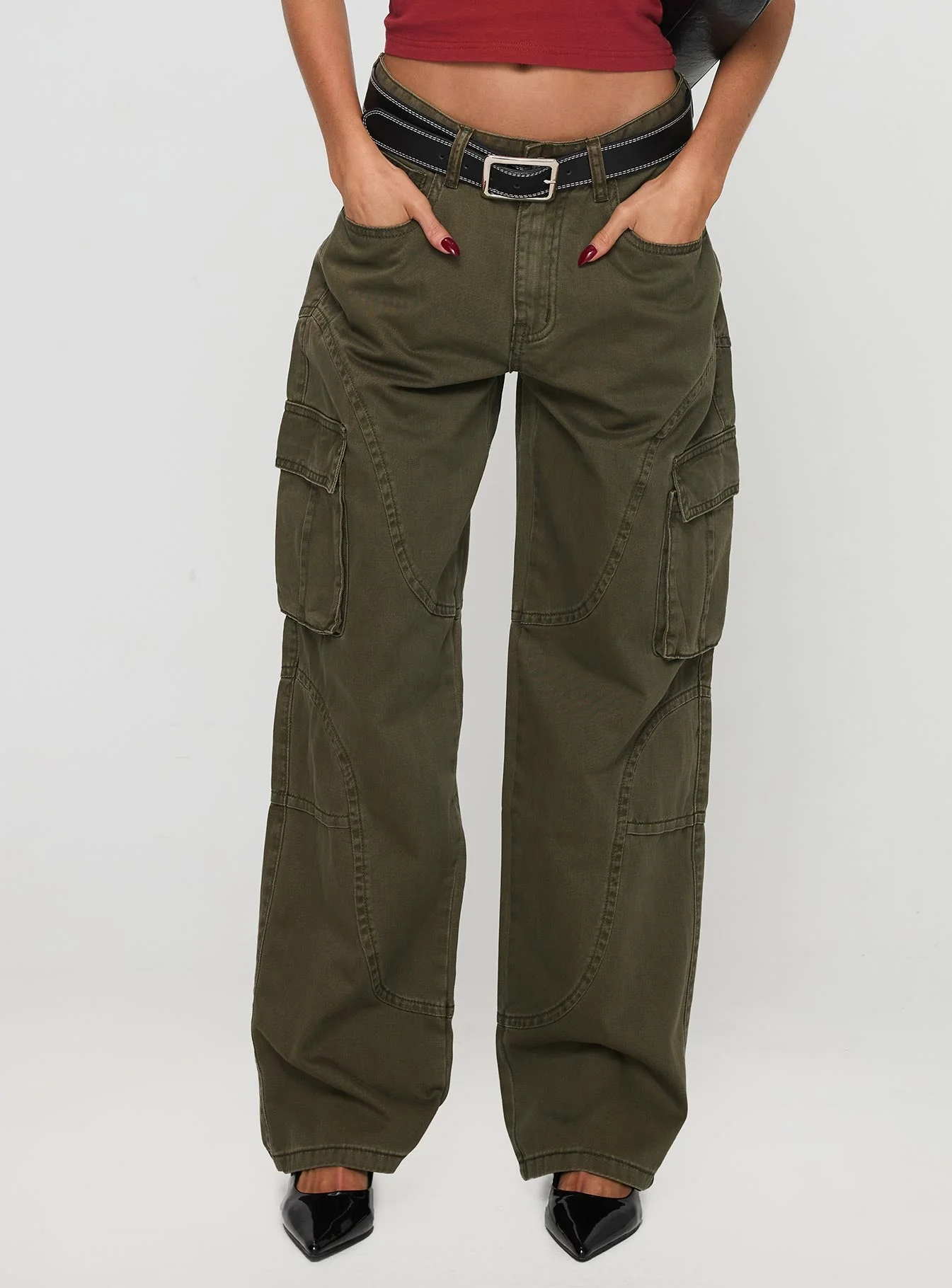 Ahstin Mid Rise Straight Leg Cargo Jeans Green Petite