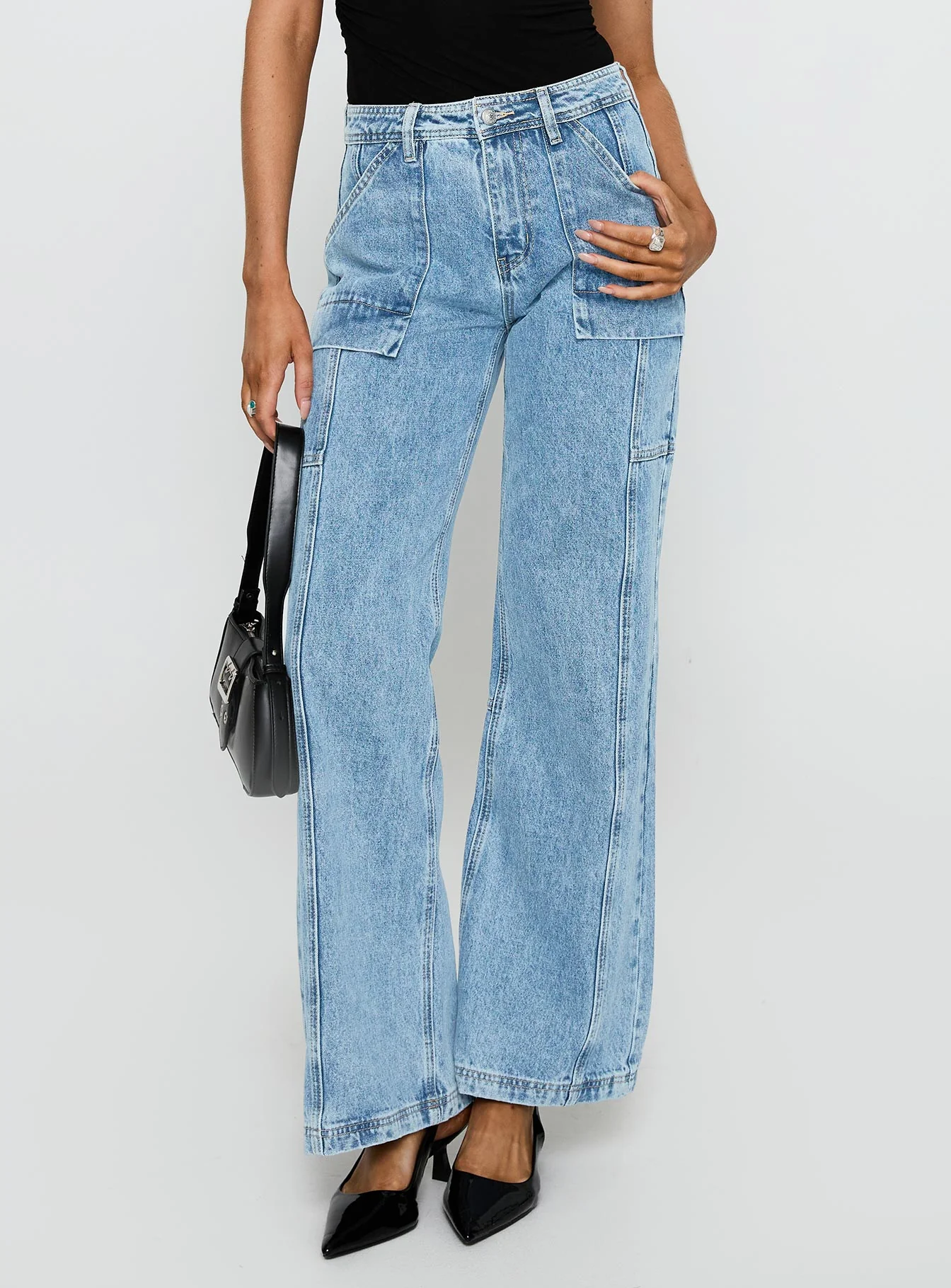 Chad Cargo High Rise Wide Leg Jeans Mid Wash