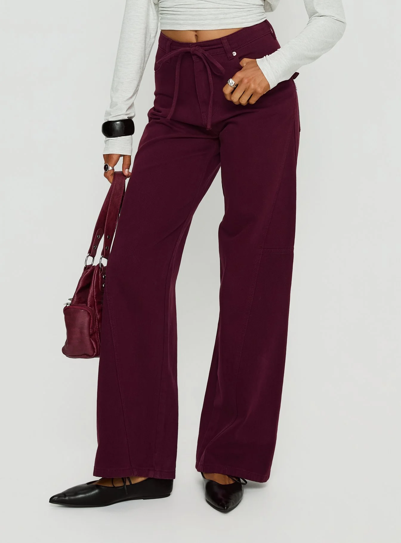 Bruiser Tie Waist Mid Rise Wide Leg Jeans Currant
