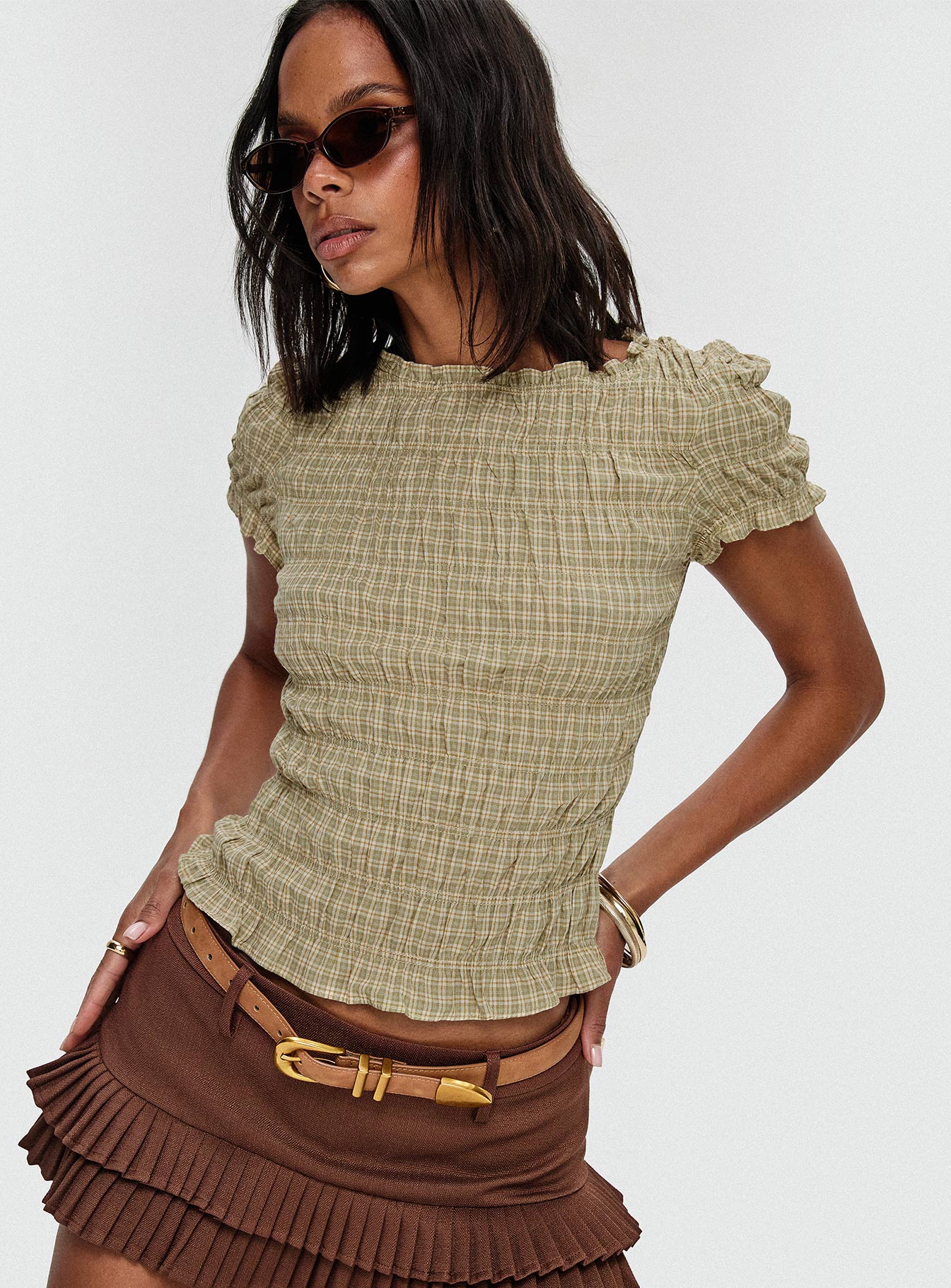 Romelle Shirred Top Green / Brown Plaid