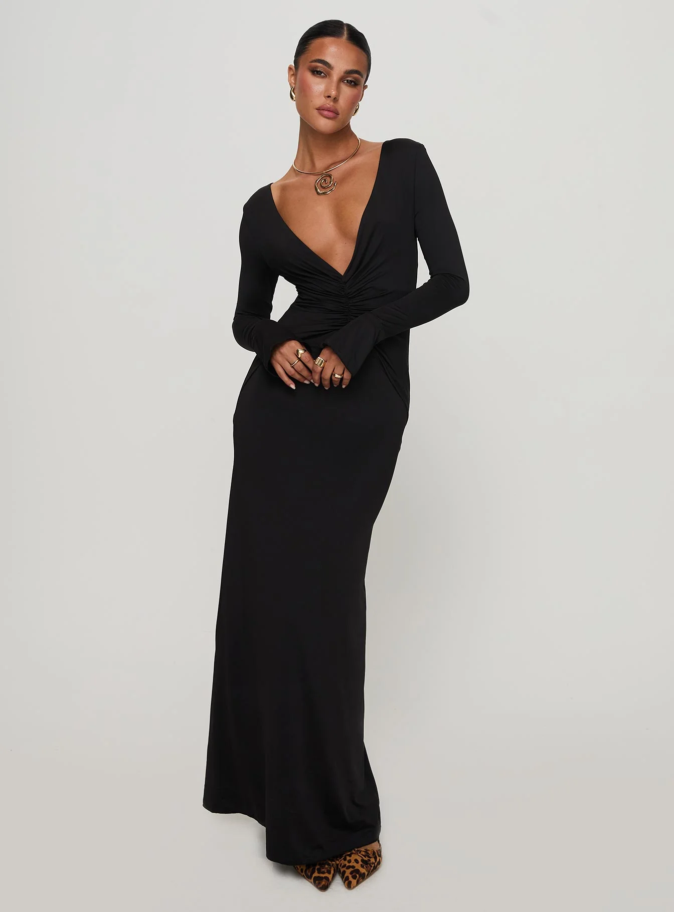 Lezure Plunge Long Sleeve Maxi Dress Black