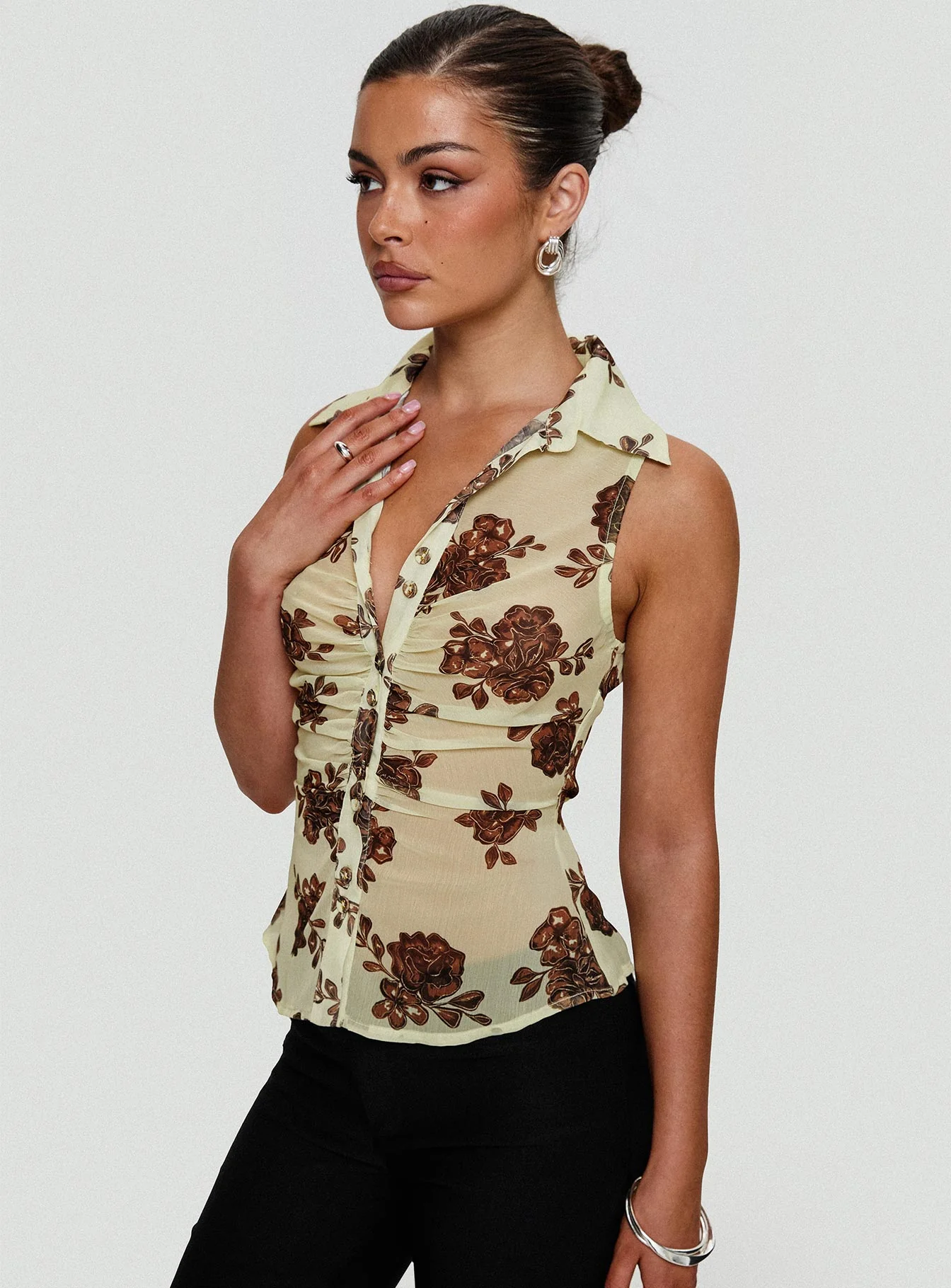 Present Tense Sheer Ruched Top Yellow Floral