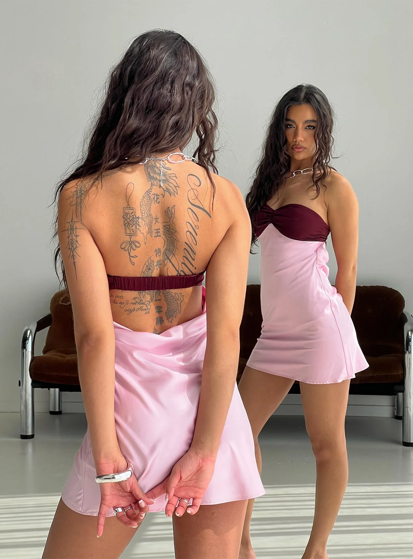 Luxa Ruched Mini Dress Pink / Wine