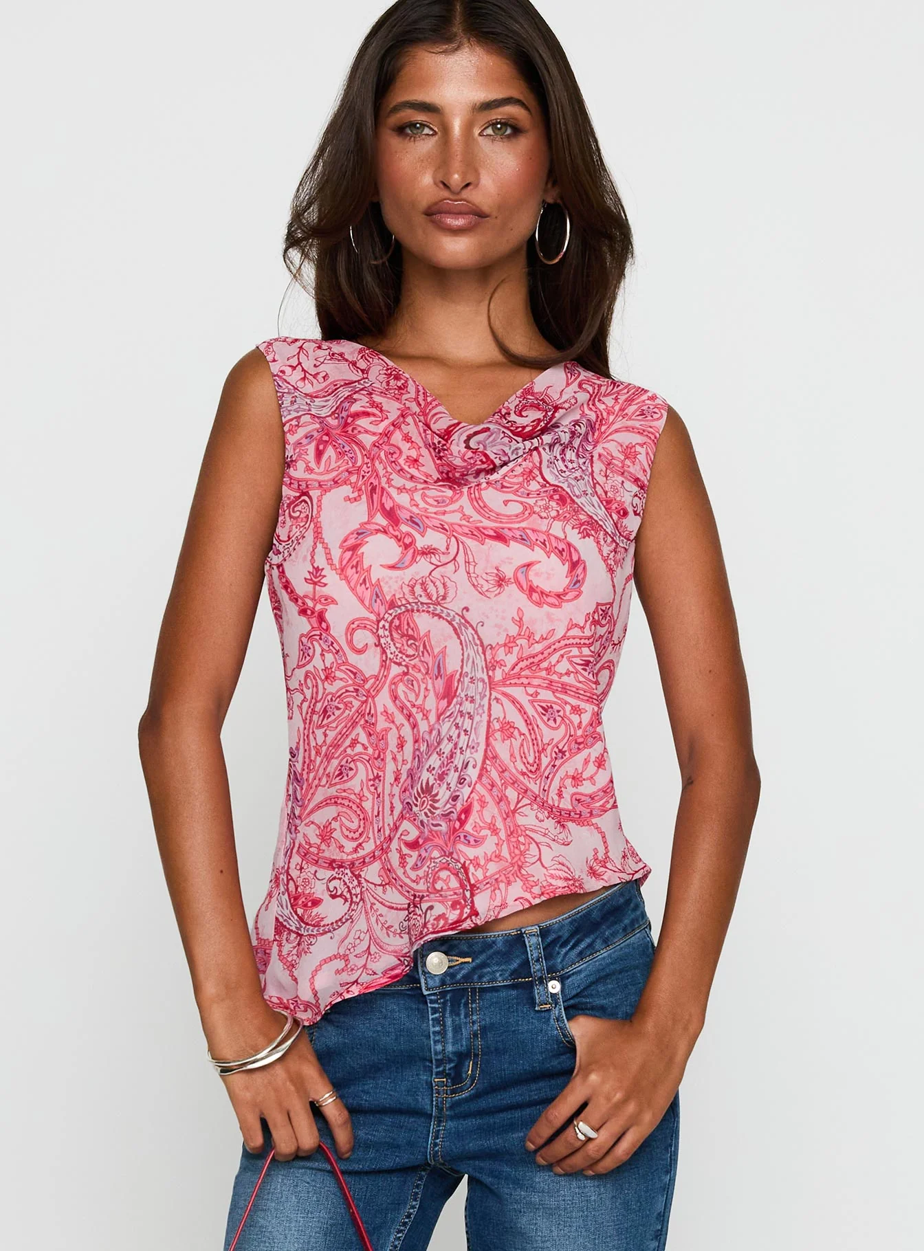 Blame The Rain Cowl Neck Top Pink Paisley