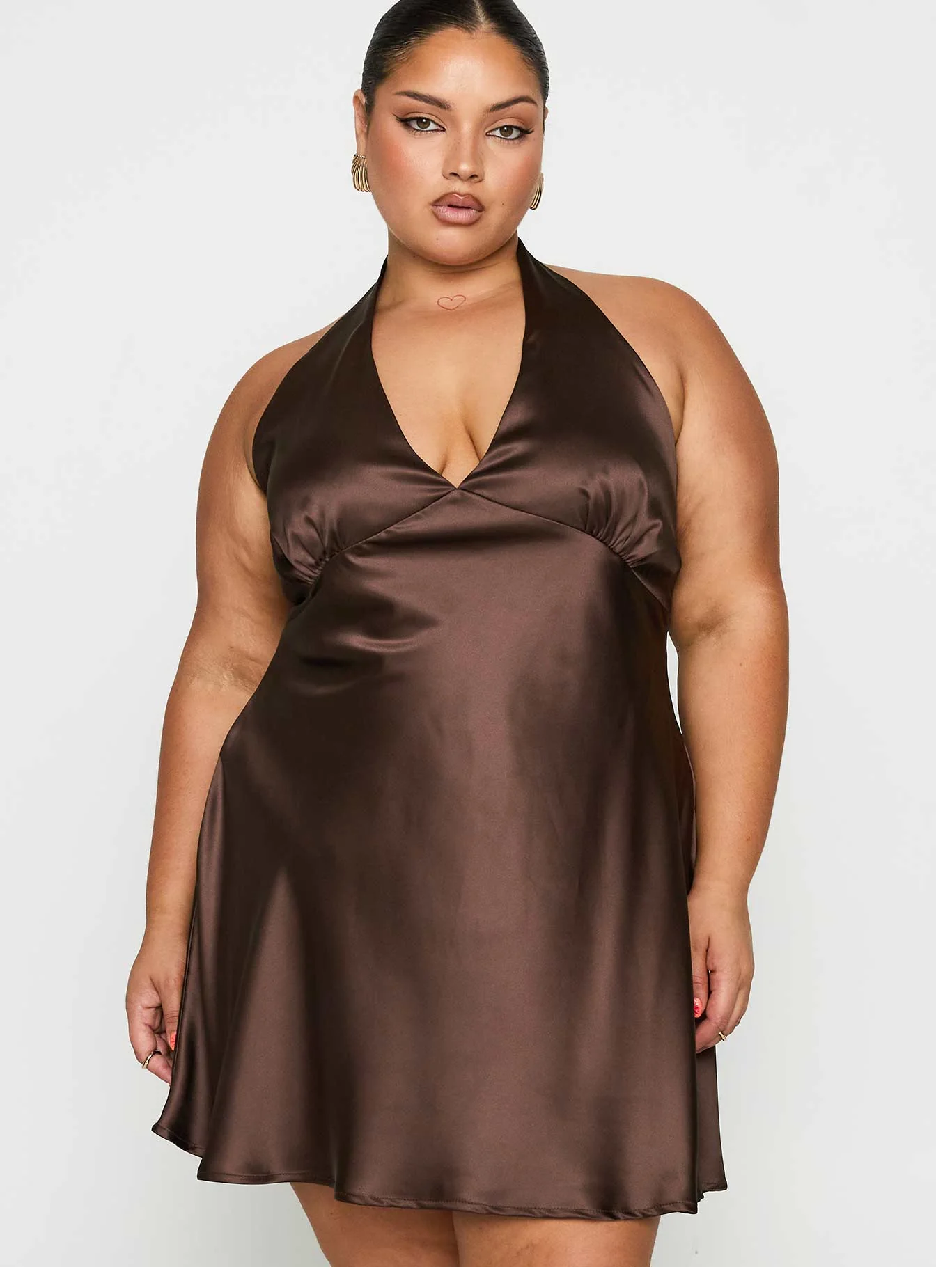 Pelagia Halter Scarf Tie Mini Dress Brown Curve