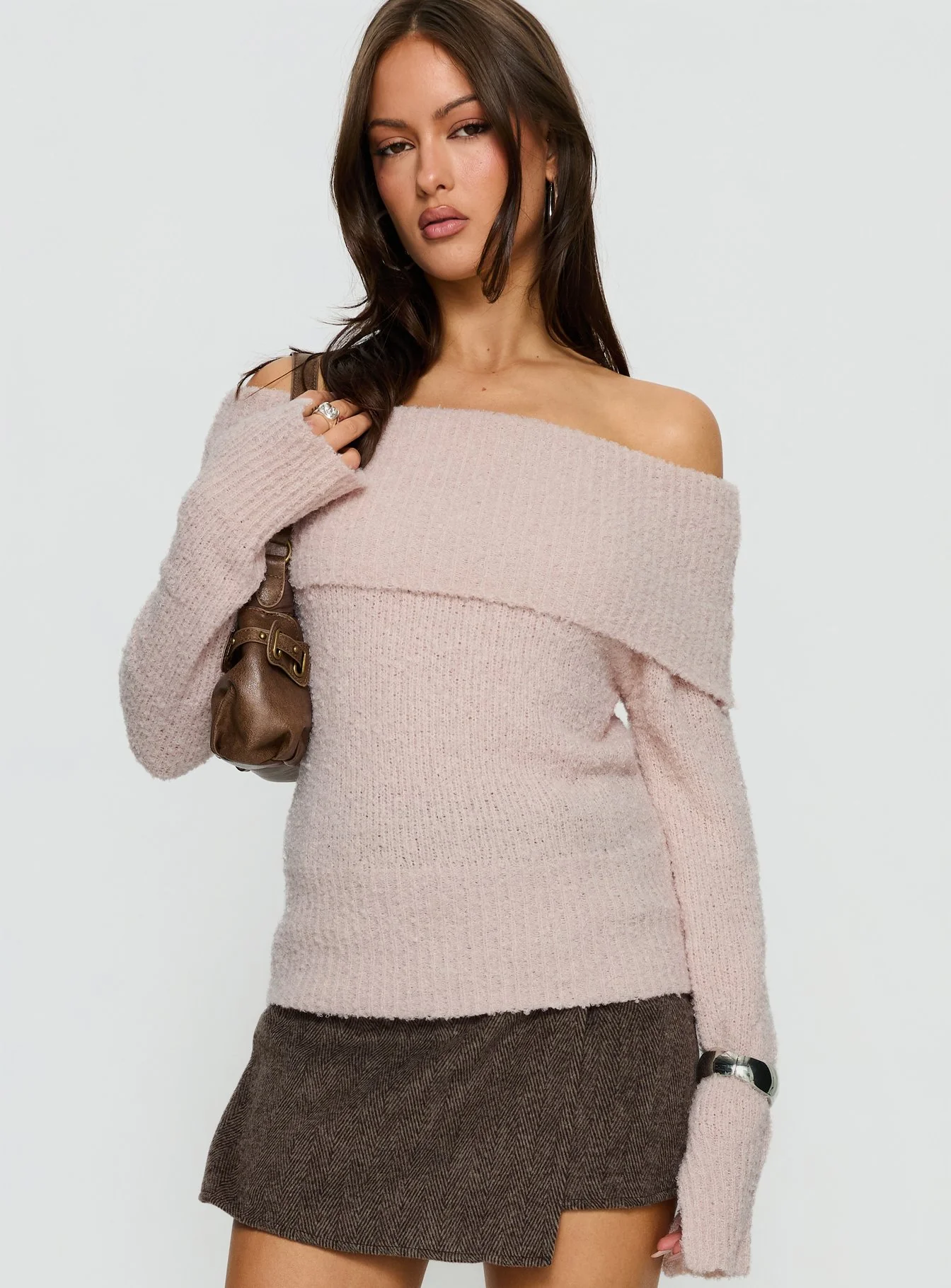 Clairissa Off Shoulder Knit Sweater Pink