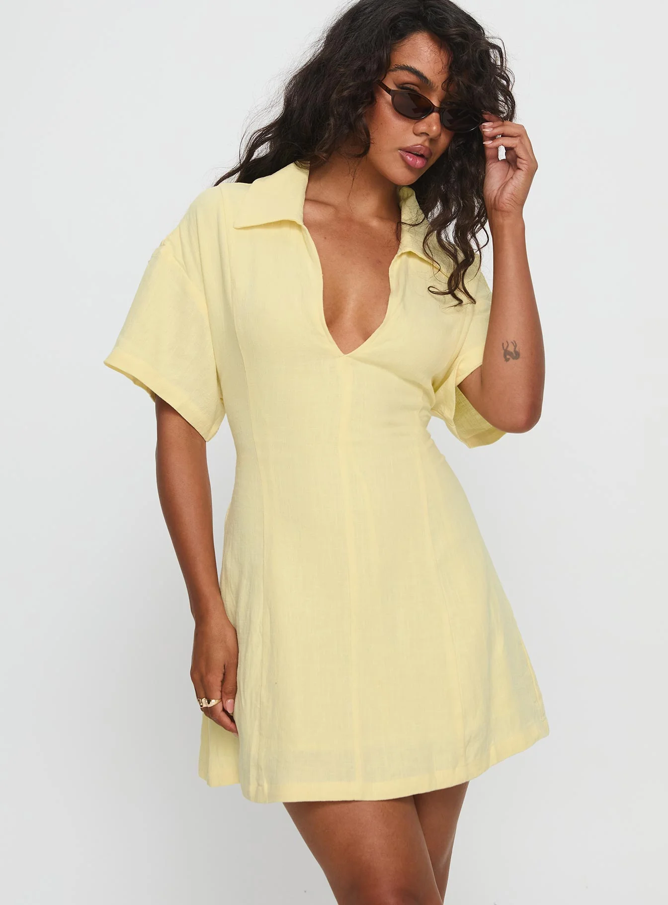 Wylla V Neck Linen Mini Dress Yellow