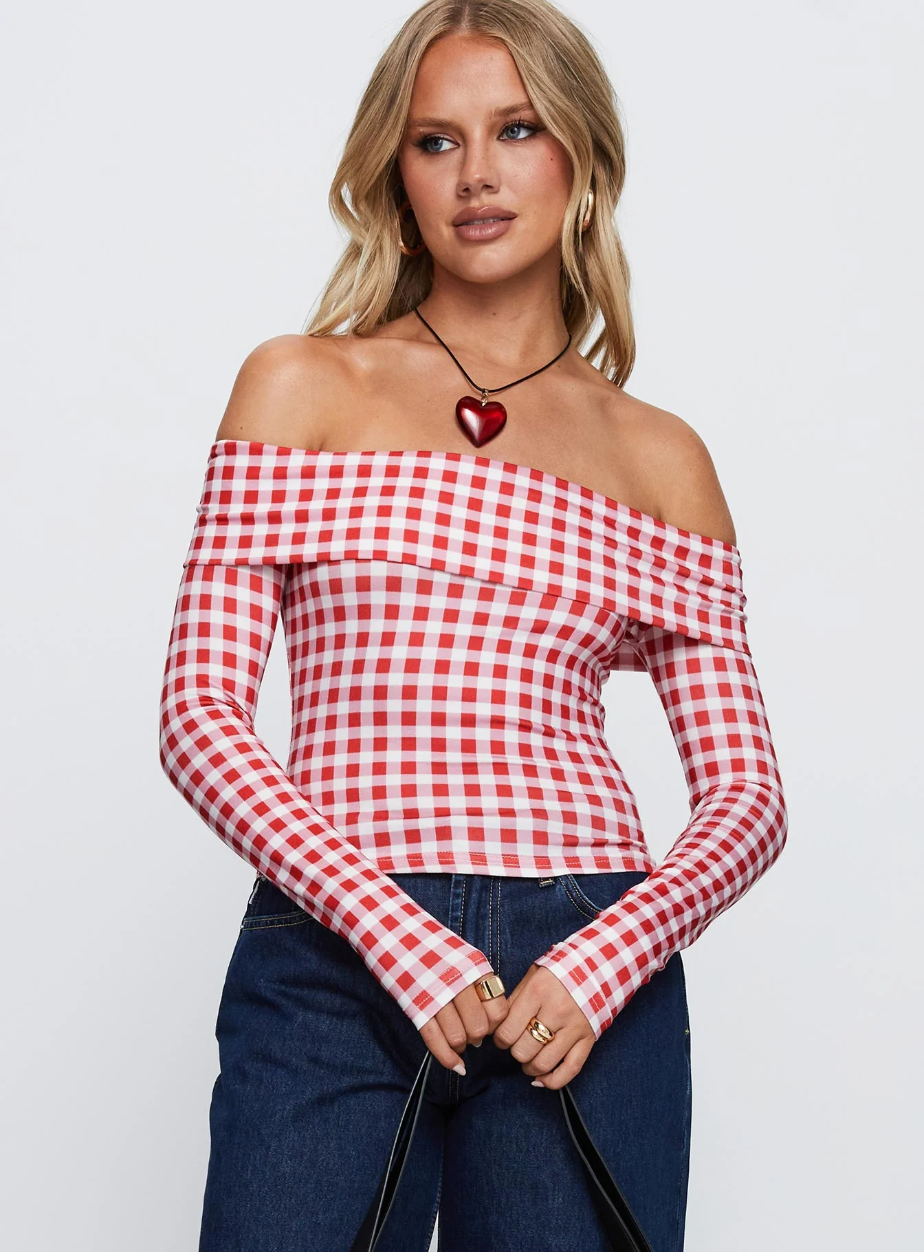 Singular Off The Shoulder Long Sleeve Top Red Check