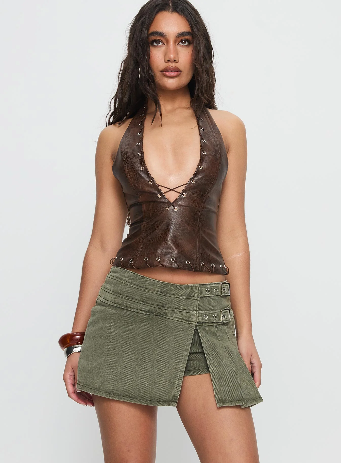 Generous Wrap Buckle Skort Washed Khaki