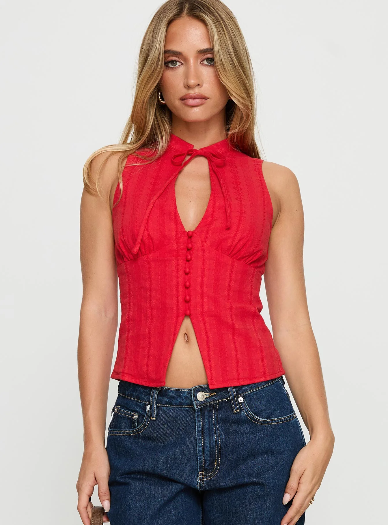 Tempting Tie Detail Top Red