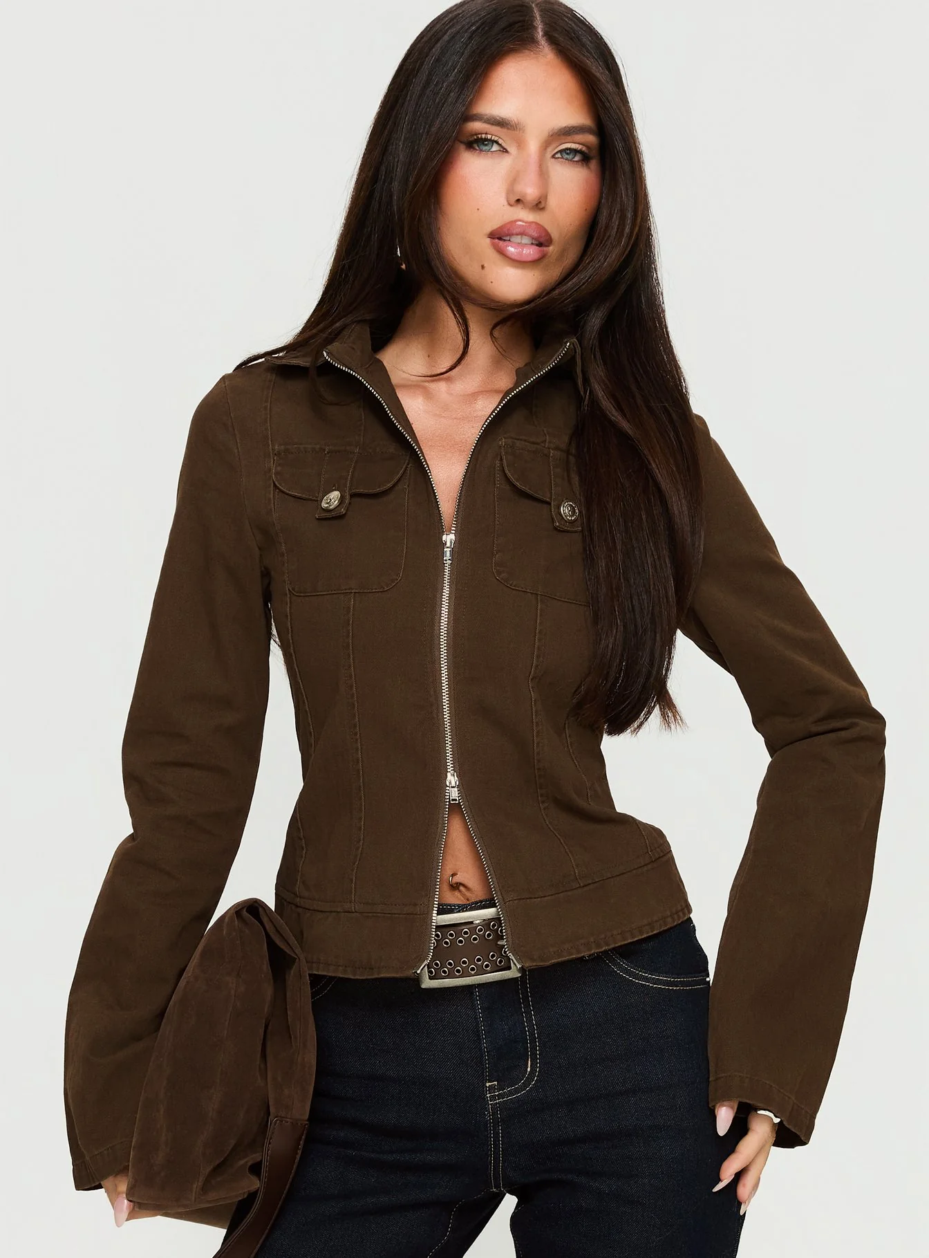 Kelehan Long Sleeve Zip Front Top Stonewashed Brown