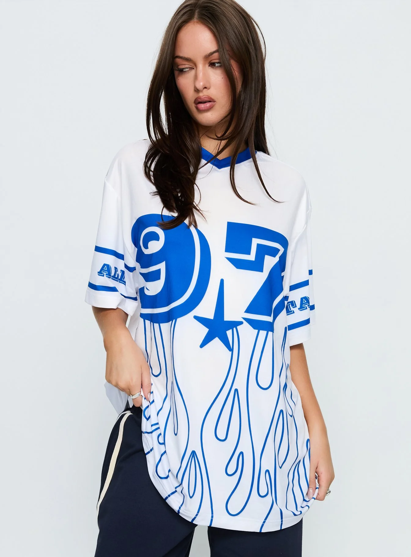 97 Sportstar Oversized Jersey Graphic Top White / Blue