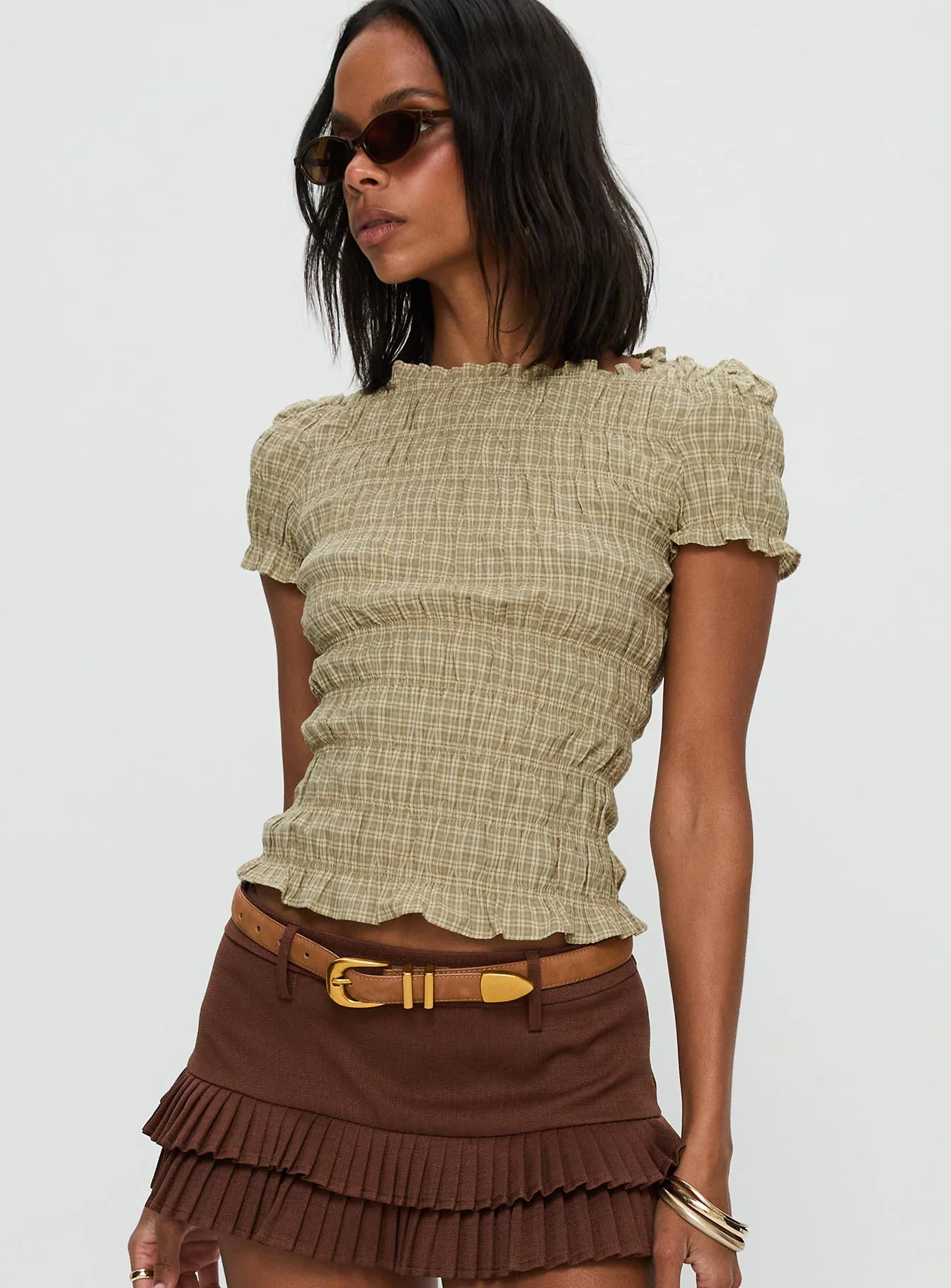 Romelle Shirred Top Green / Brown Plaid