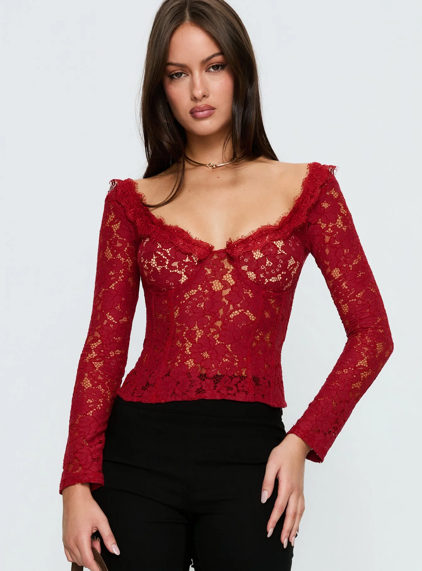 Miquela Long Sleeve Corset Lace Top Red