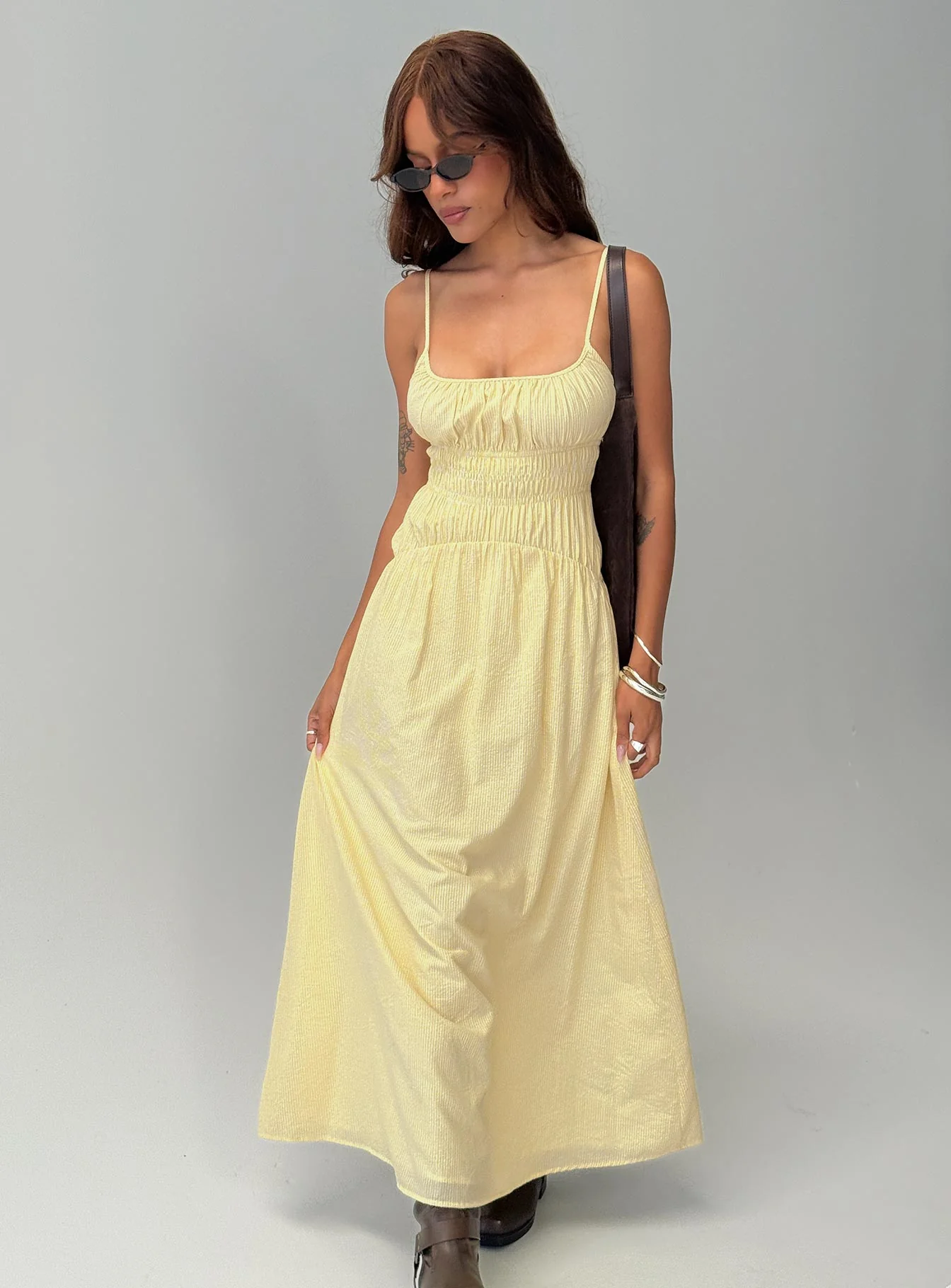 Magnolie Shirred Maxi Dress Yellow Stripe