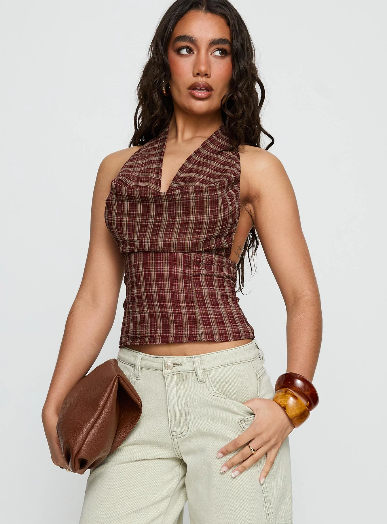 Kendia Plunge Halter Top Red Check