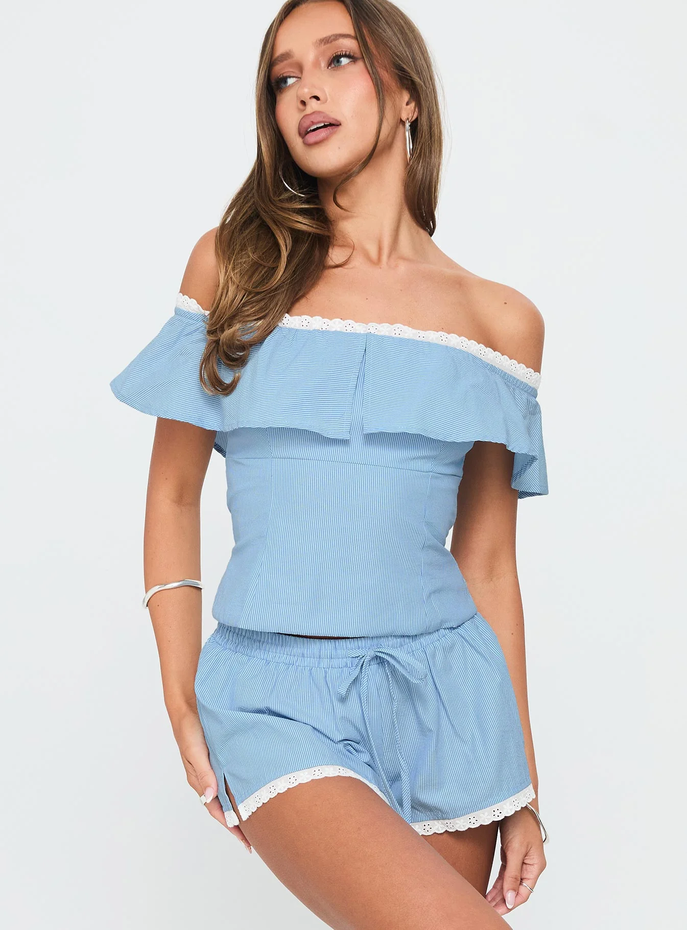 Summertime Sadness Off Shoulder Set Blue Stripe