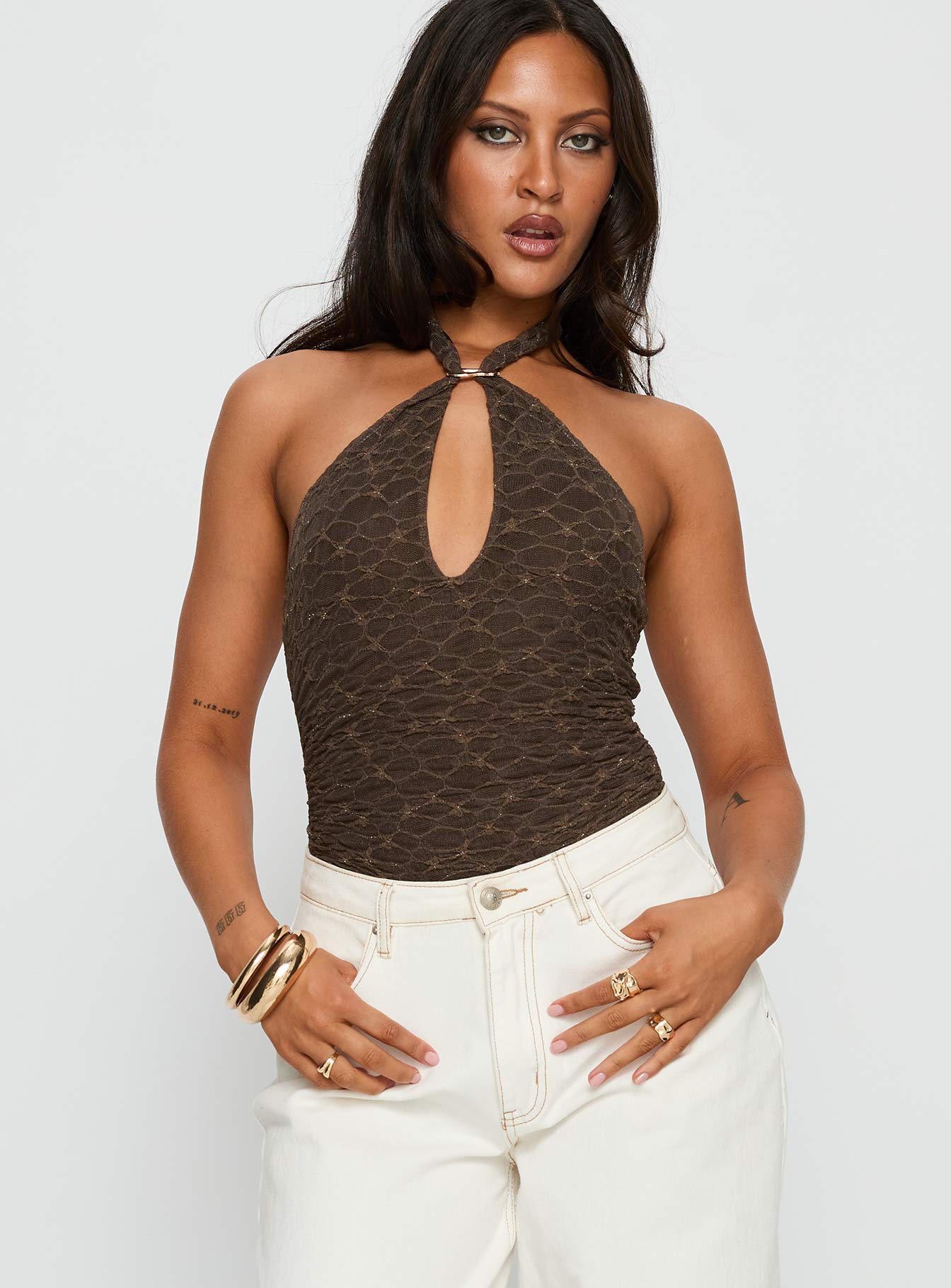 Libbey Hardware Detail Textured Bodysuit Brown