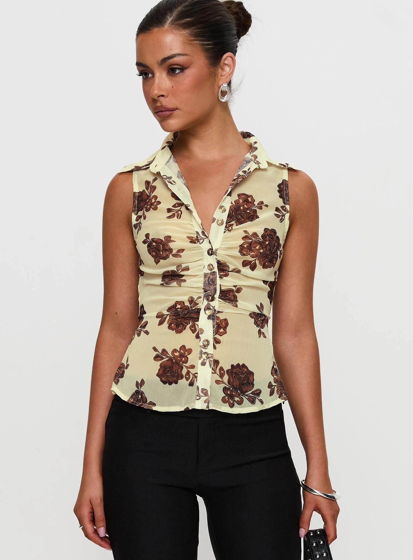 Present Tense Sheer Ruched Top Yellow Floral