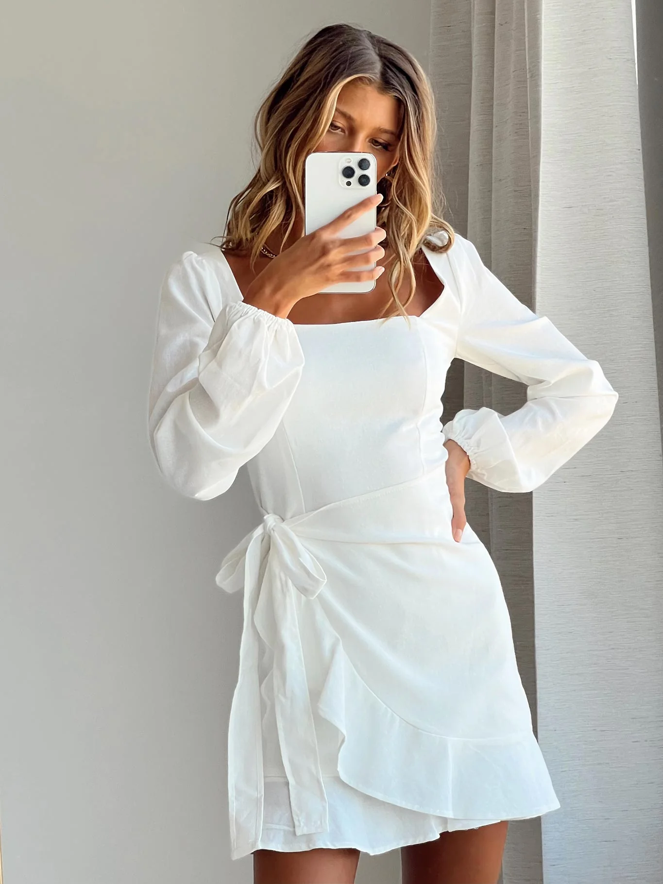 The Villa Long Sleeve Mini Dress White