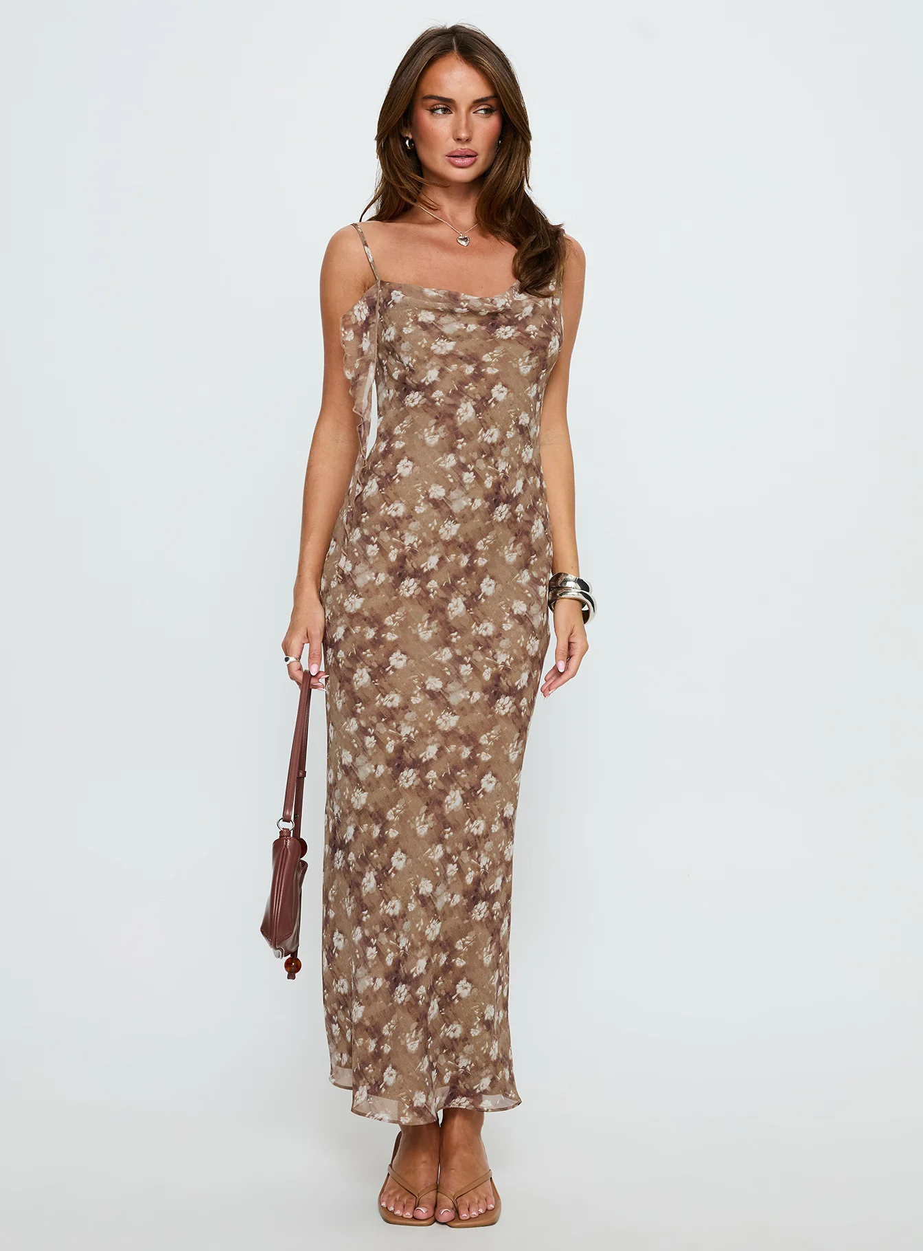 Silah Cowl Neck Maxi Dress Brown Floral