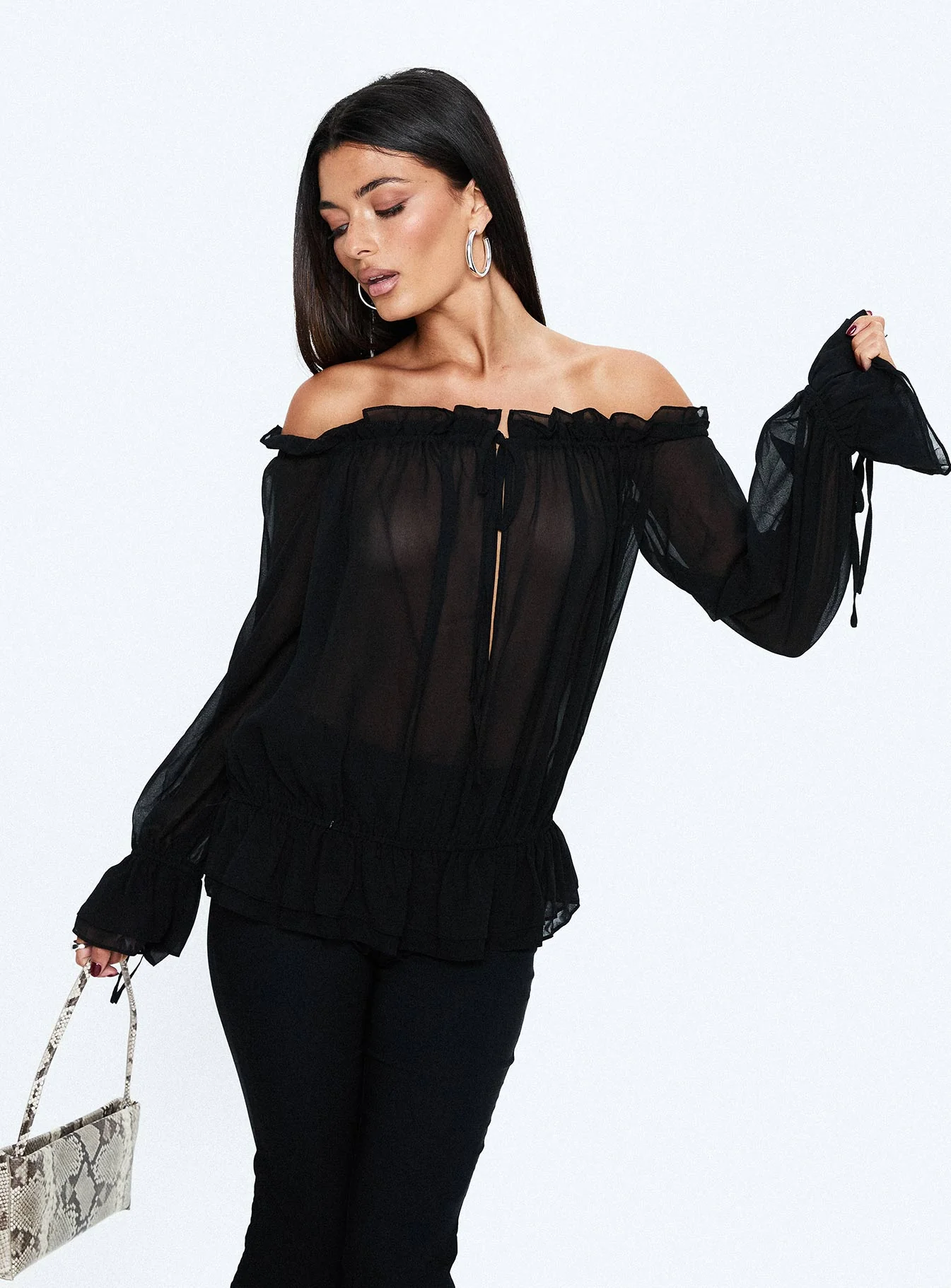 Madelina Frill Long Sleeve Top Black