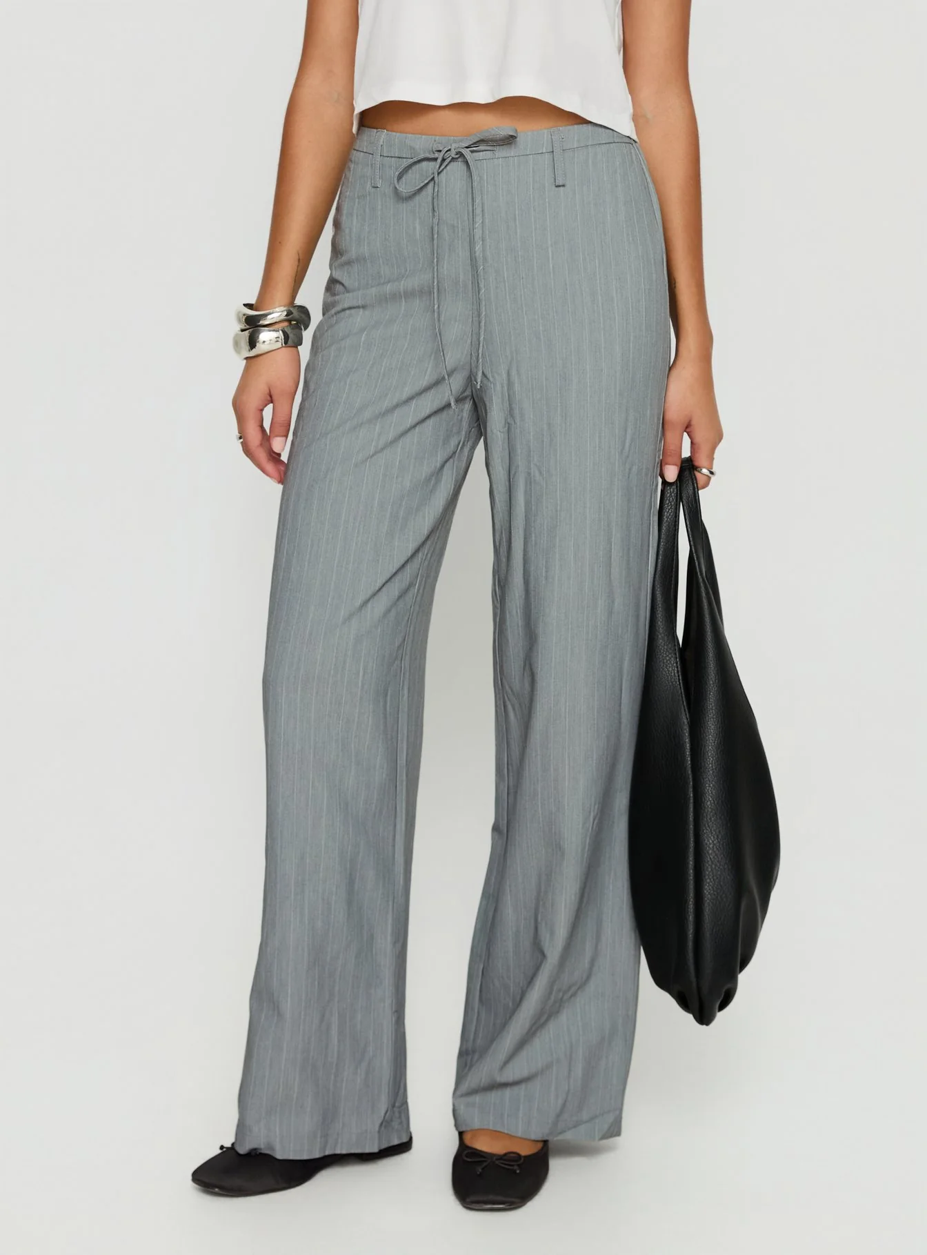 Idolised Tie Waist Pant Grey Pinstripe