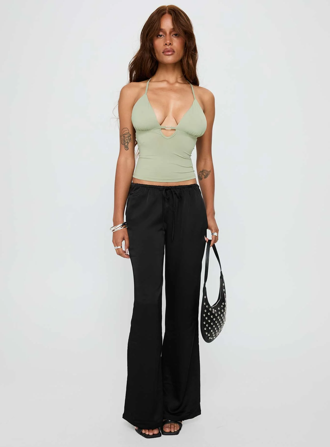 Vanille Tie Waist Satin Pants Black