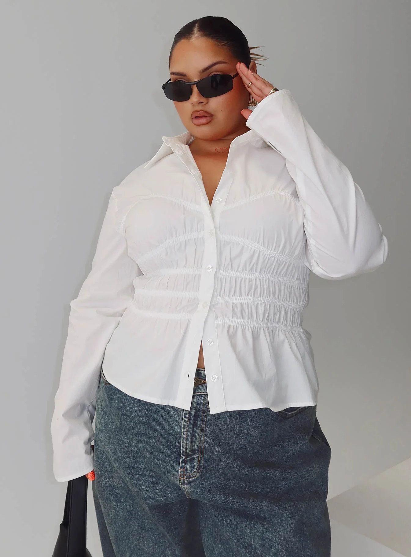 Liesel Shirred Long Sleeve Top White Curve