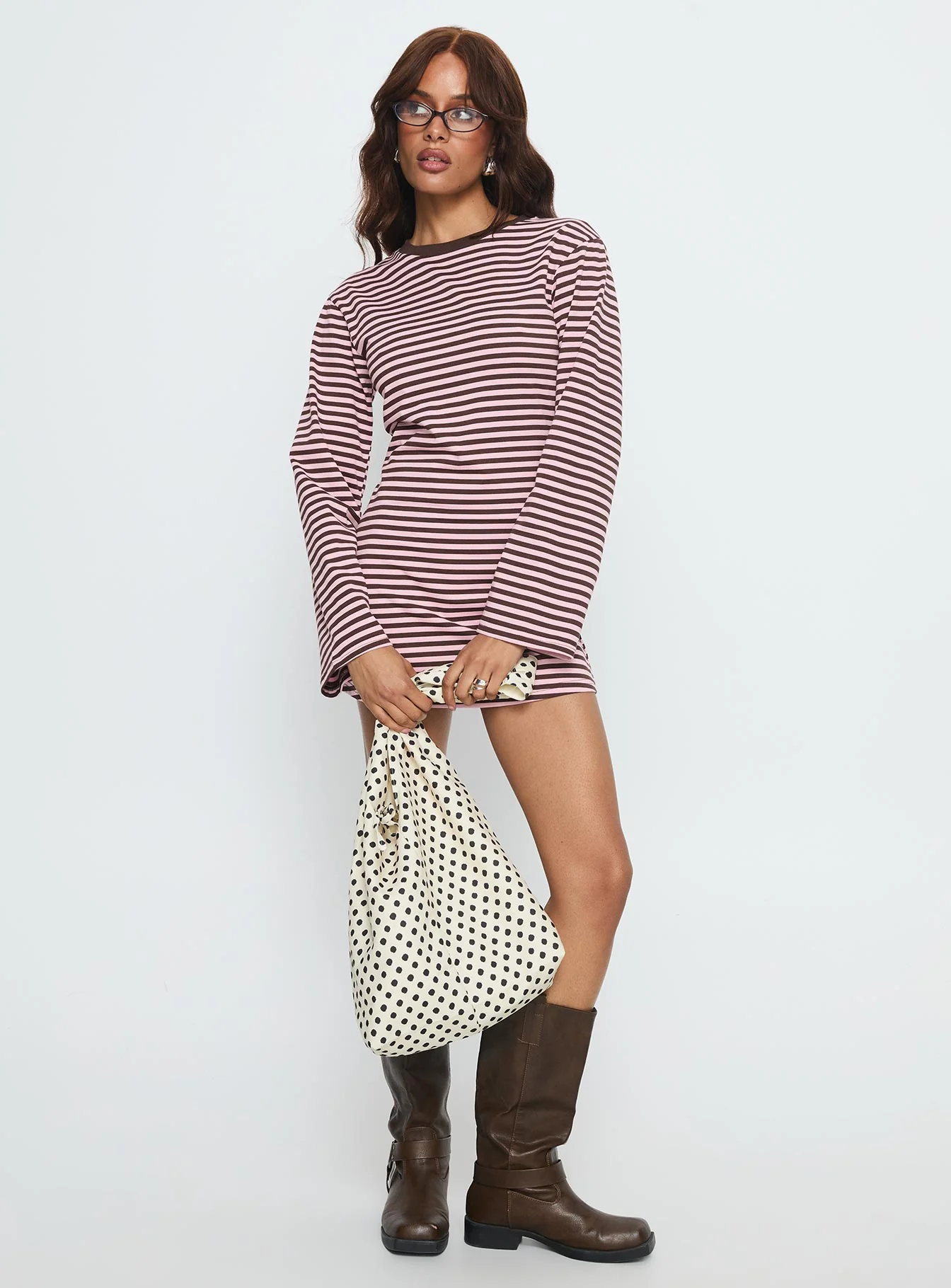 Lulolah Long Sleeve Mini Dress Chocolate / Pink Stripe