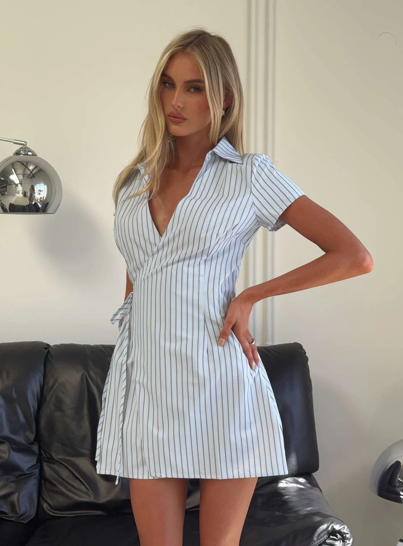 Amarita Wrap Collared Mini Dress Blue Stripe