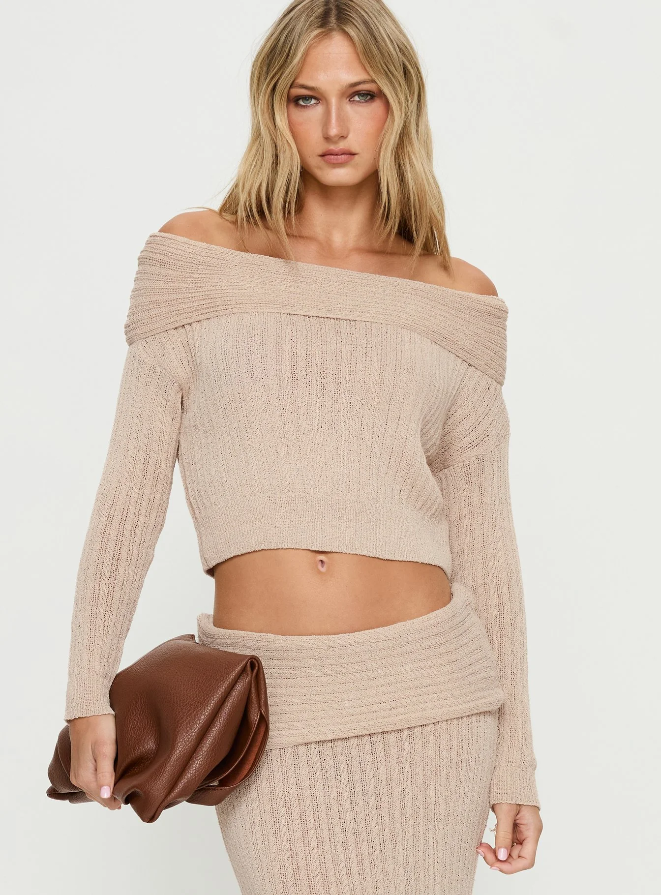 Devion Foldover Knit Sweater Beige