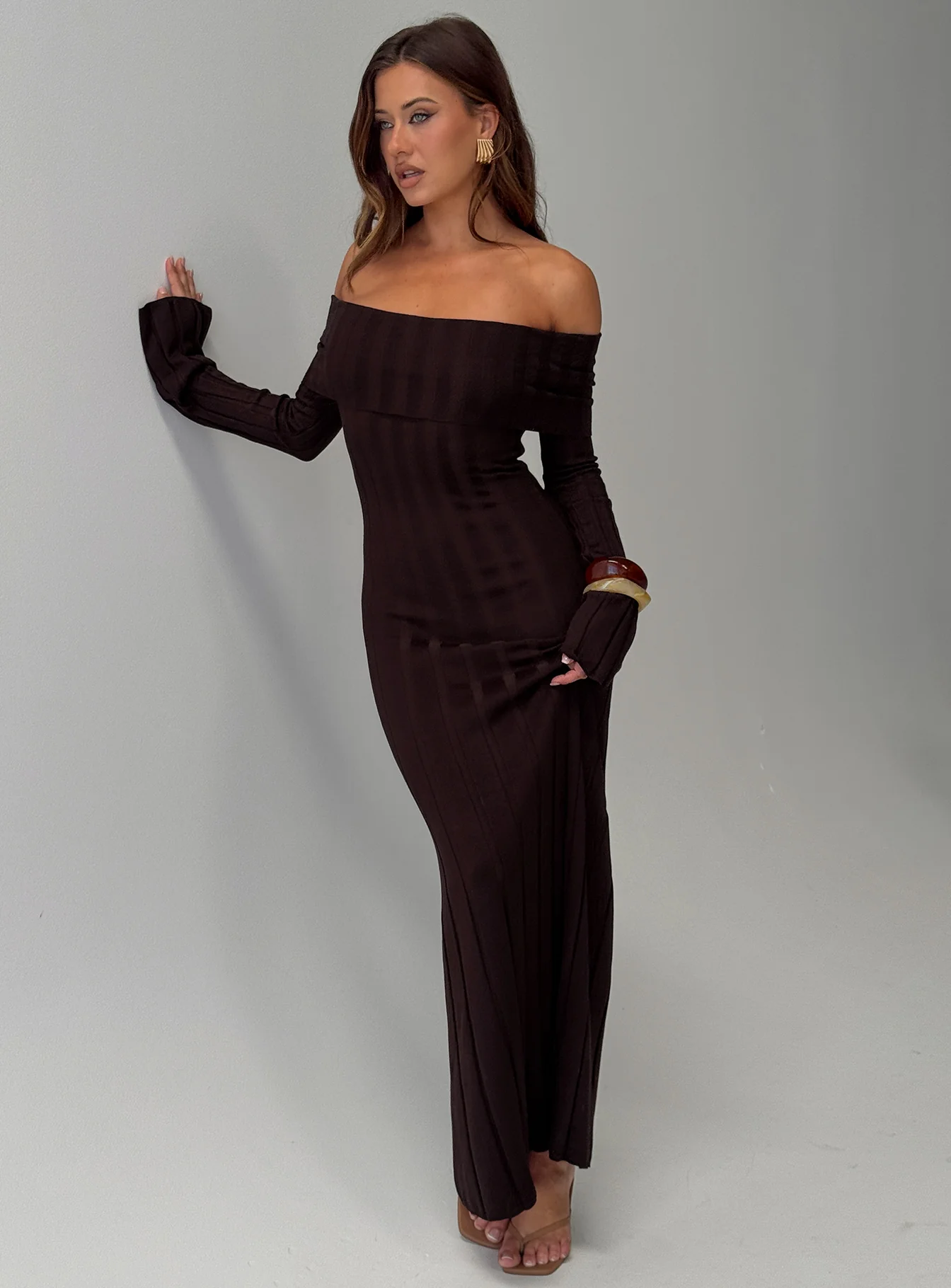 Ellouisa Long Sleeve Rib Maxi Dress Chocolate
