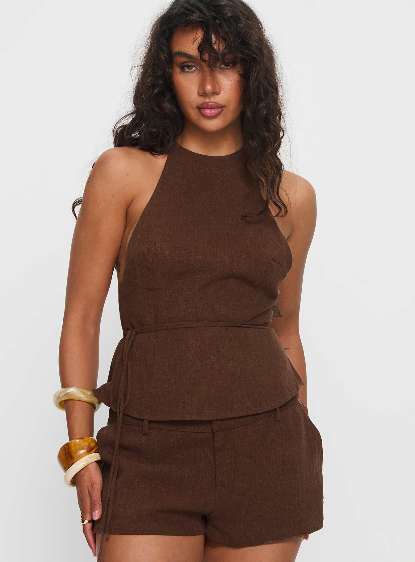 Stara Halter Linen Top Chocolate