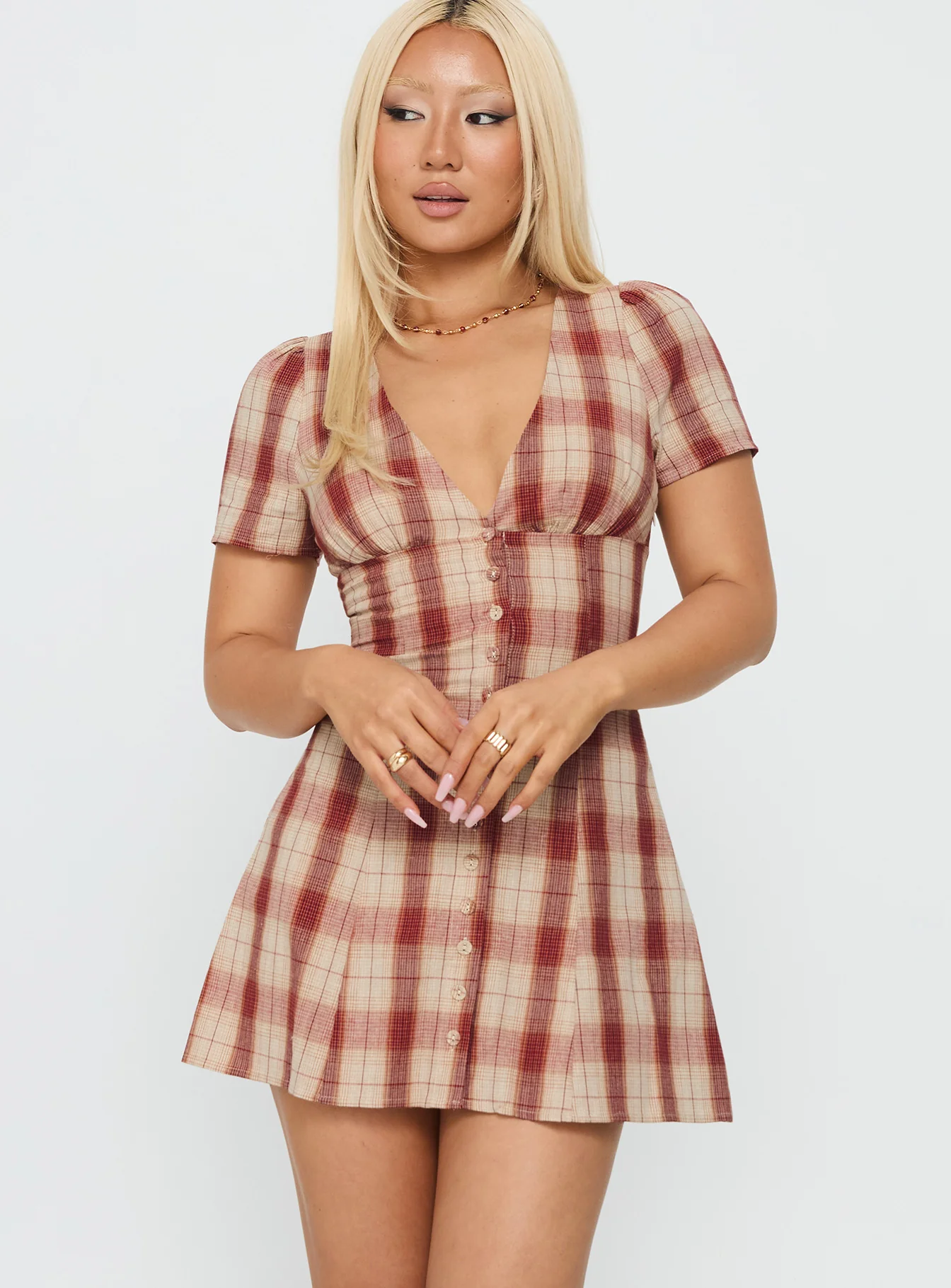 Twist Of Fate V Neck Mini Dress Plaid