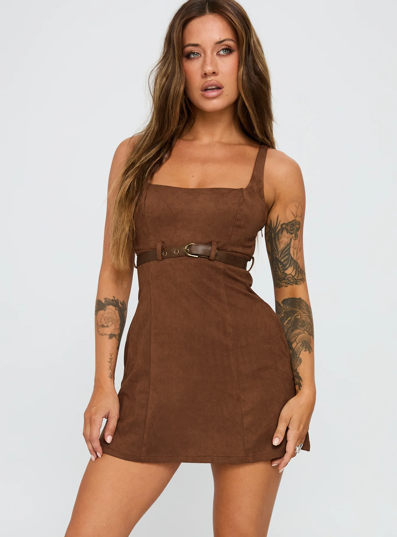 Way Back In Faux Suede Mini Dress Brown