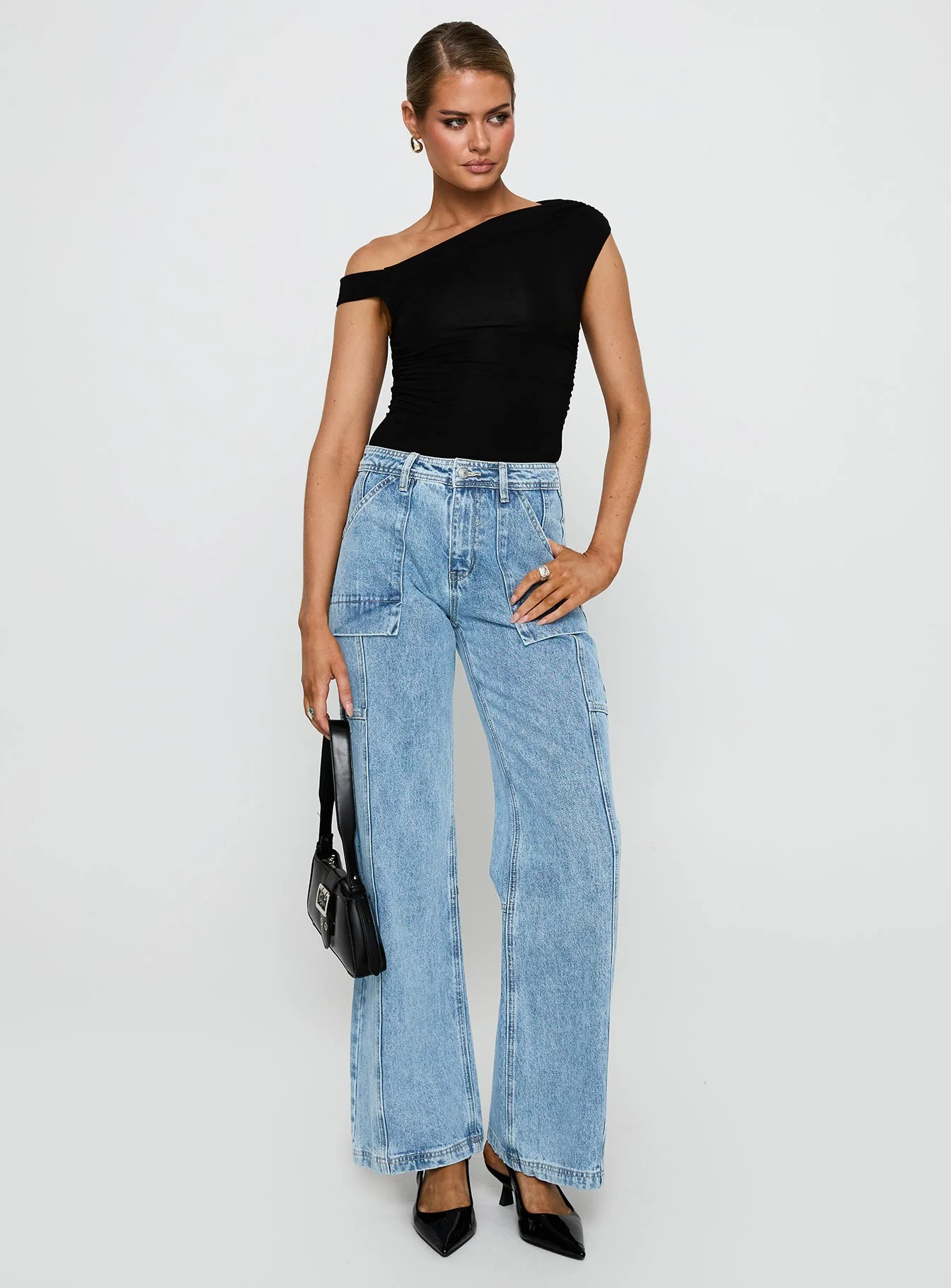Chad Cargo High Rise Wide Leg Jeans Mid Wash