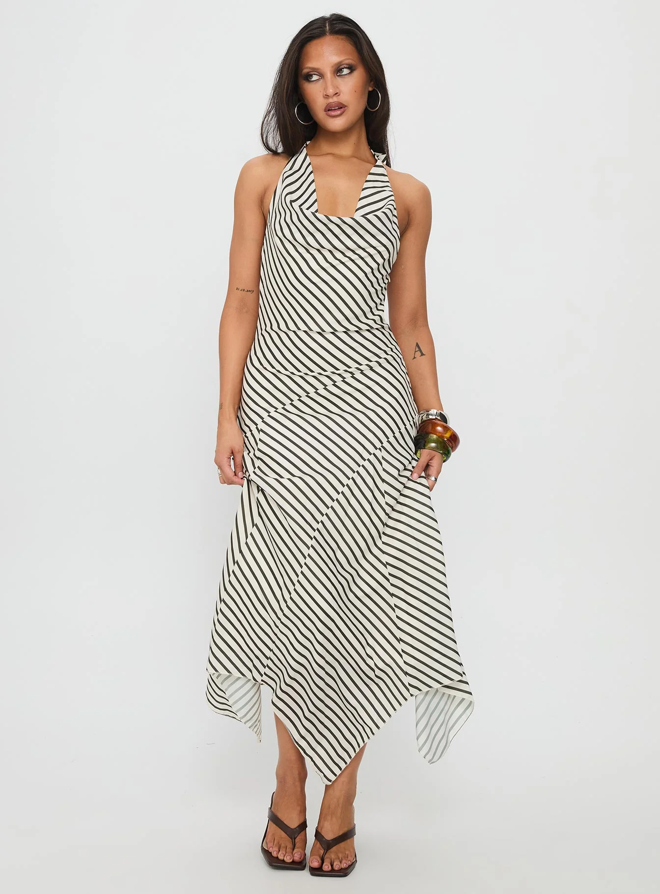 Junipa Halter Asymmetrical Maxi Dress White Stripe