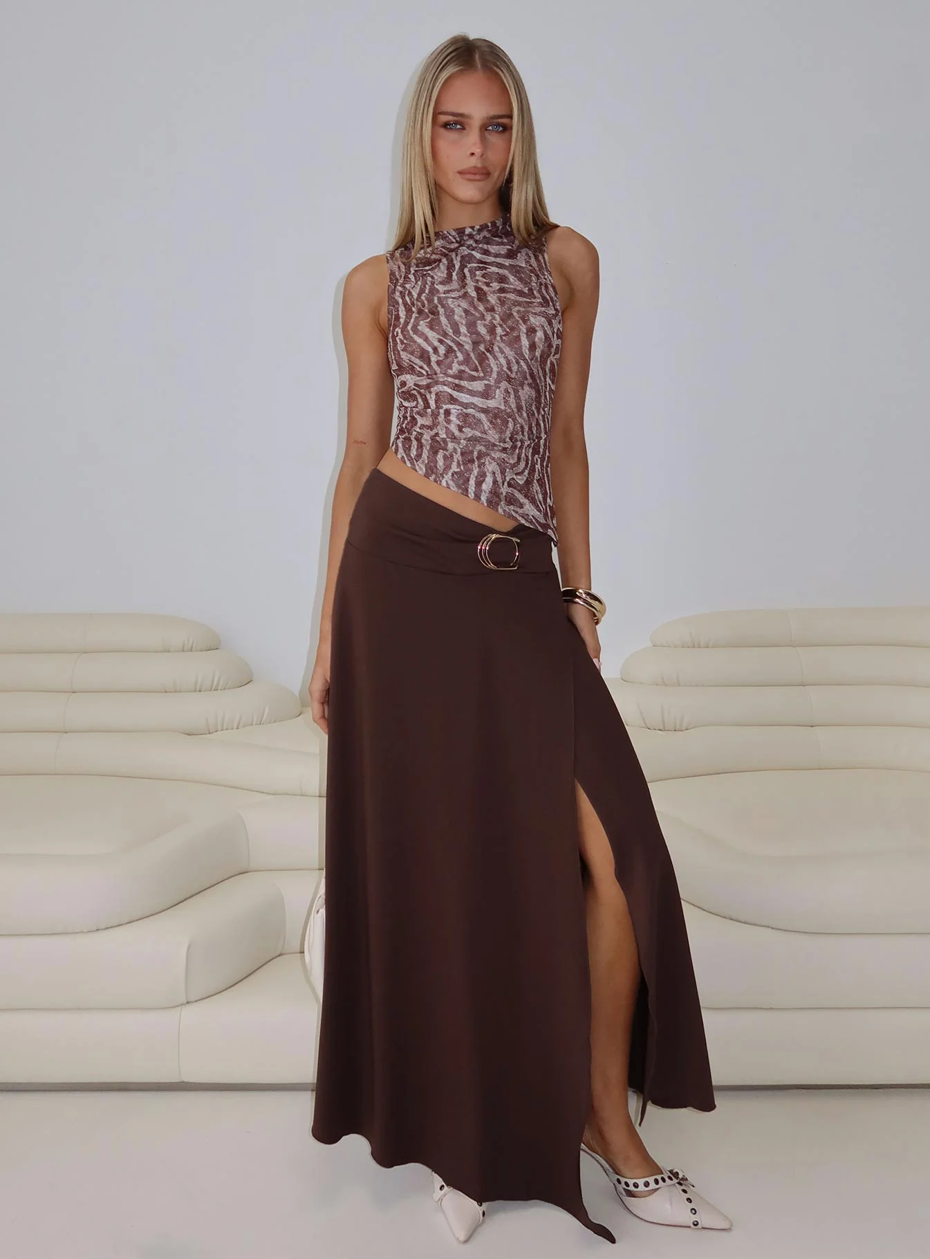 Nola Hardware Slit Maxi Skirt Brown