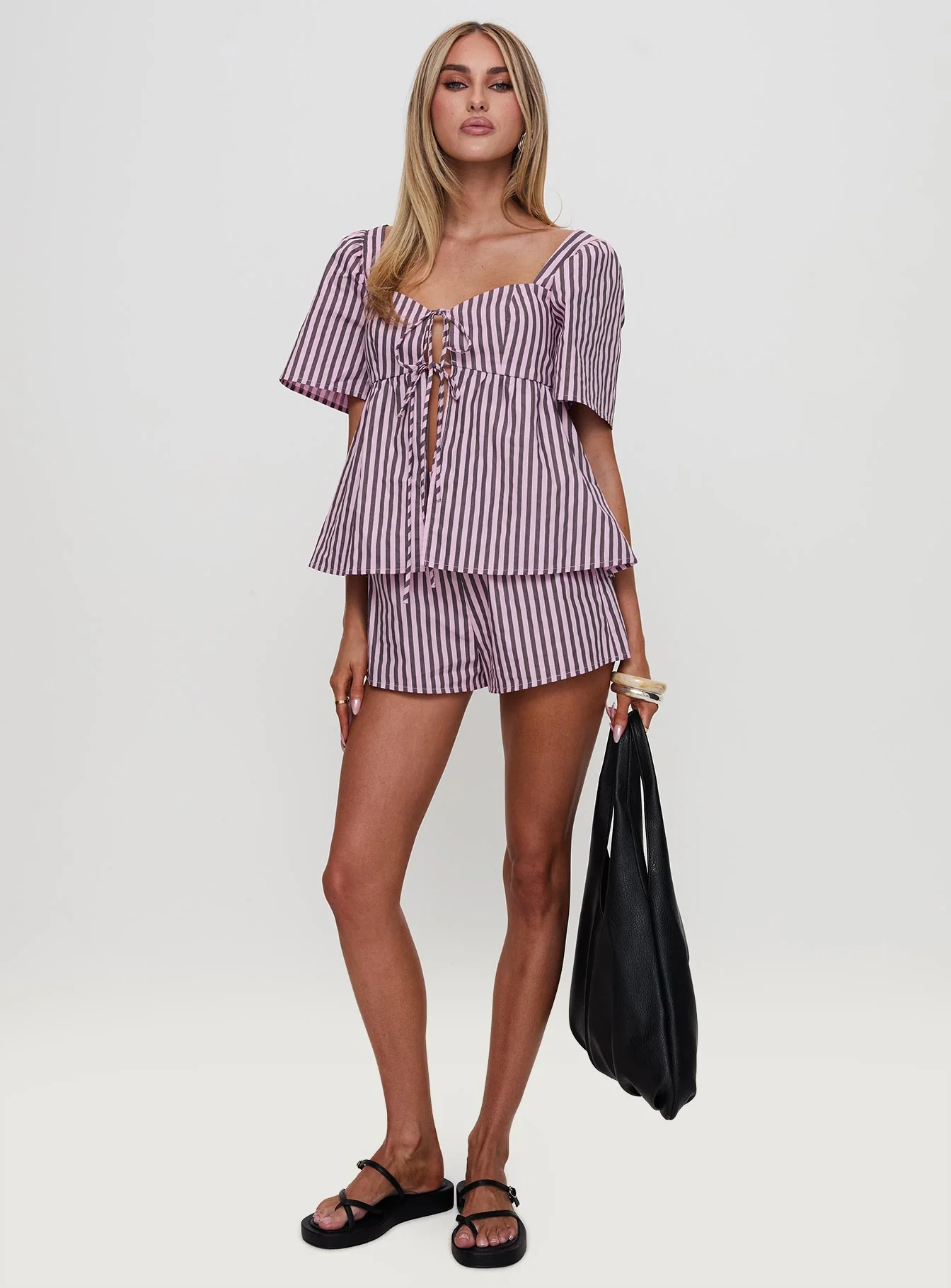 Two Young Hearts Tie Up Set Pink / Brown Stripe